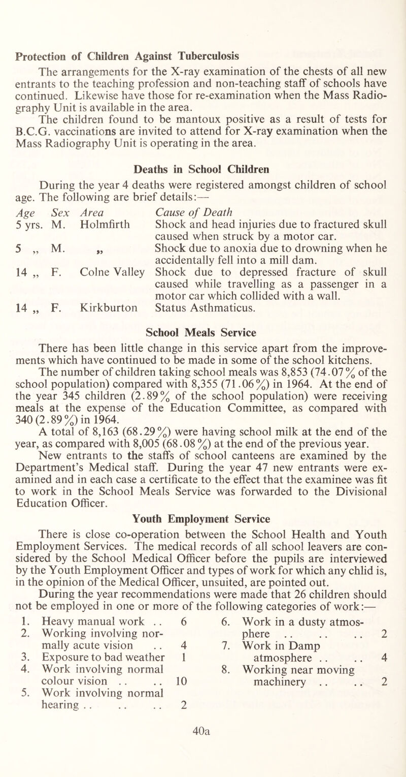 Protection of Children Against Tuberculosis The arrangements for the X-ray examination of the chests of all new entrants to the teaching profession and non-teaching staff of schools have continued. Likewise have those for re-examination when the Mass Radio- graphy Unit is available in the area. The children found to be mantoux positive as a result of tests for B.C.G. vaccinations are invited to attend for X-ray examination when the Mass Radiography Unit is operating in the area. Deaths in School Children During the year 4 deaths were registered amongst children of school age. The following are brief details:— Age Sex Area Cause of Death 5 yrs. M. Holmfirth Shock and head injuries due to fractured skull caused when struck by a motor car. 5 „ M. Shock due to anoxia due to drowning when he accidentally fell into a mill dam. 14 „ F. Colne Valley Shock due to depressed fracture of skull caused while travelling as a passenger in a motor car which collided with a wall. 14 „ F. Kirkburton Status Asthmaticus. School Meals Service There has been little change in this service apart from the improve- ments which have continued to be made in some of the school kitchens. The number of children taking school meals was 8,853 (74.07 % of the school population) compared with 8,355 (71.06%) in 1964. At the end of the year 345 children (2.89% of the school population) were receiving meals at the expense of the Education Committee, as compared with 340 (2.89%) in 1964. A total of 8,163 (68.29%) were having school milk at the end of the year, as compared with 8,005 (68.08 %) at the end of the previous year. New entrants to the staffs of school canteens are examined by the Department’s Medical staff. During the year 47 new entrants were ex- amined and in each case a certificate to the effect that the examinee was fit to work in the School Meals Service was forwarded to the Divisional Education Officer. Youth Employment Service There is close co-operation between the School Health and Youth Employment Services. The medical records of all school leavers are con- sidered by the School Medical Officer before the pupils are interviewed by the Youth Employment Officer and types of work for which any chlid is, in the opinion of the Medical Officer, unsuited, are pointed out. During the year recommendations were made that 26 children should not be employed in one or more of the following categories of work:— 1. Heavy manual work .. 6 2. Working involving nor- mally acute vision .. 4 3. Exposure to bad weather 1 4. Work involving normal colour vision .. .. 10 5. Work involving normal hearing .. .. .. 2 6. Work in a dusty atmos- phere .. .. .. 2 7. Work in Damp atmosphere .. .. 4 8. Working near moving machinery .. .. 2 40a