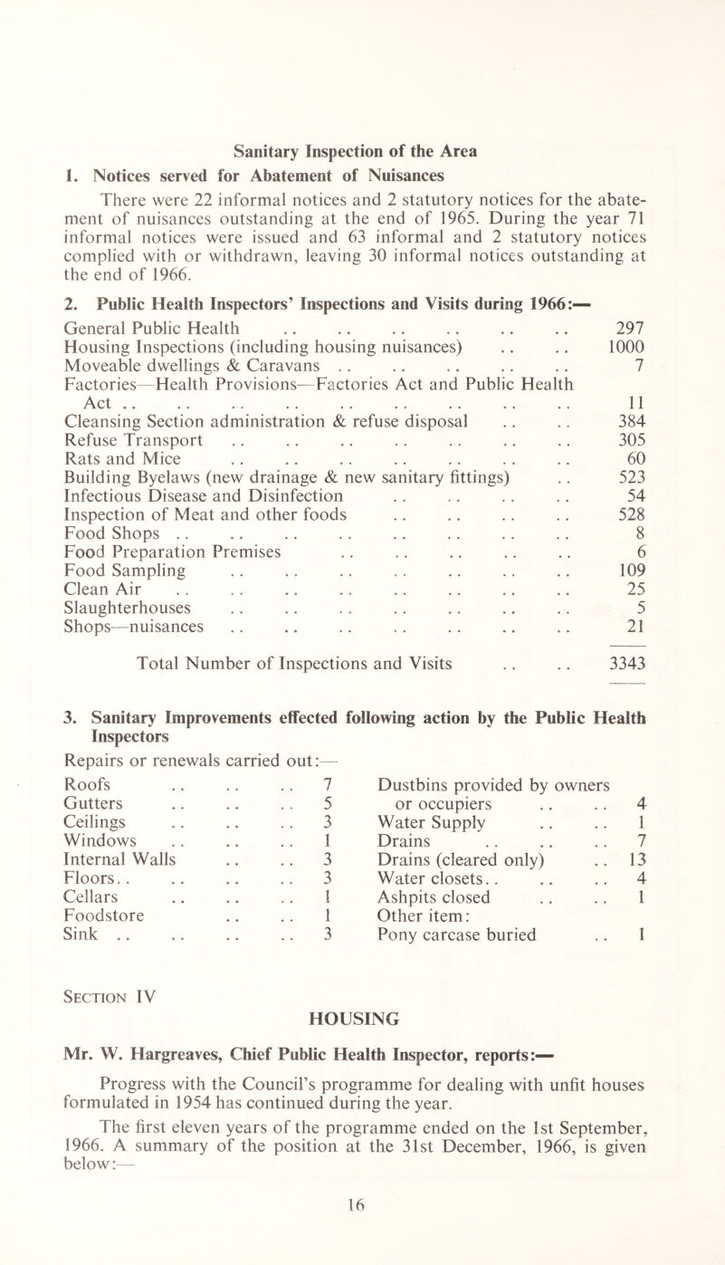 Sanitary Inspection of the Area 1. Notices served for Abatement of Nuisances There were 22 informal notices and 2 statutory notices for the abate- ment of nuisances outstanding at the end of 1965. During the year 71 informal notices were issued and 63 informal and 2 statutory notices complied with or withdrawn, leaving 30 informal notices outstanding at the end of 1966. 2. Public Health Inspectors’ Inspections and Visits during 1966:— General Public Health .. .. .. .. .. .. 297 Housing Inspections (including housing nuisances) .. .. 1000 Moveable dwellings & Caravans .. .. .. .. .. 7 Factories—Health Provisions—Factories Act and Public Health Act .. .. .. . . .. . . . . .. .. 11 Cleansing Section administration & refuse disposal .. .. 384 Refuse Transport .. .. .. .. .. .. .. 305 Rats and Mice .. .. .. .. .. .. .. 60 Building Byelaws (new drainage & new sanitary fittings) .. 523 Infectious Disease and Disinfection .. .. . . .. 54 Inspection of Meat and other foods .. .. .. .. 528 Food Shops .. .. .. .. .. . . .. .. 8 Food Preparation Premises .. .. .. .. .. 6 Food Sampling .. .. .. .. .. .. .. 109 Clean Air .. .. .. . . .. .. .. .. 25 Slaughterhouses .. . . .. .. .. .. .. 5 Shops—nuisances .. .. . . .. . . .. .. 21 Total Number of Inspections and Visits .. .. 3343 3. Sanitary Improvements effected Inspectors Repairs or renewals carried out:— Roofs .. .. . . 7 Gutters .. .. .. 5 Ceilings .. .. .. 3 Windows . . .. .. 1 Internal Walls .. .. 3 Floors.. .. .. .. 3 Cellars .. .. .. 1 Foodstore .. .. 1 Sink .. .. .. .. 3 following action by the Public Health Dustbins provided by owners or occupiers .. .. 4 Water Supply .. .. 1 Drains .. .. .. 7 Drains (cleared only) .. 13 Water closets.. .. .. 4 Ashpits closed .. .. 1 Other item: Pony carcase buried .. I Section IV HOUSING Mr. W. Hargreaves, Chief Public Health Inspector, reports:— Progress with the Council’s programme for dealing with unfit houses formulated in 1954 has continued during the year. The first eleven years of the programme ended on the 1st September, 1966. A summary of the position at the 31st December, 1966, is given below:—