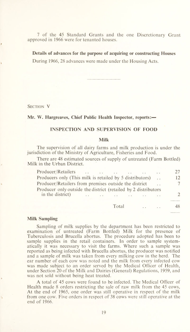 7 of the 45 Standard Grants and the one Discretionary Grant approved in 1966 were for tenanted houses. Details of advances for the purpose of acquiring or constructing Houses During 1966, 28 advances were made under the Housing Acts. Section V Mr. W. Hargreaves, Chief Public Health Inspector, reports:— INSPECTION AND SUPERVISION OF FOOD Milk The supervision of all dairy farms and milk production is under the jurisdiction of the Ministry of Agriculture, Fisheries and Food. There are 48 estimated sources of supply of untreated (Farm Bottled) Milk in the Urban District. Producer/Retailers .. .. .. .. .. .. 27 Producers only (This milk is retailed by 5 distributors) .. 12 Producer/Retailers from premises outside the district .. 7 Producer only outside the district (retailed by 2 distributors in the district) .. .. . . .. . . .. 2 Total .. .. 48 Milk Sampling Sampling of milk supplies by the department has been restricted to examination of untreated (Farm Bottled) Milk for the presence of Tuberculosis and Brucella abortus. The procedure adopted has been to sample supplies in the retail containers. In order to sample system- atically it was necessary to visit the farms. Where such a sample was reported as being infected with Brucella abortus, the producer was notified and a sample of milk was taken from every milking cow in the herd. The ear number of each cow was noted and the milk from every infected cow was made subject to an order served by the Medical Officer of Health, under Section 20 of the Milk and Dairies (General) Regulations, 1959, and was not sold without being heat treated. A total of 45 cows were found to be infected. The Medical Officer of Health made 8 orders restricting the sale of raw milk from the 45 cows, At the end of 1965, one order was still operative in respect of the milk from one cow. Five orders in respect of 38 cows were still operative at the end of 1966.