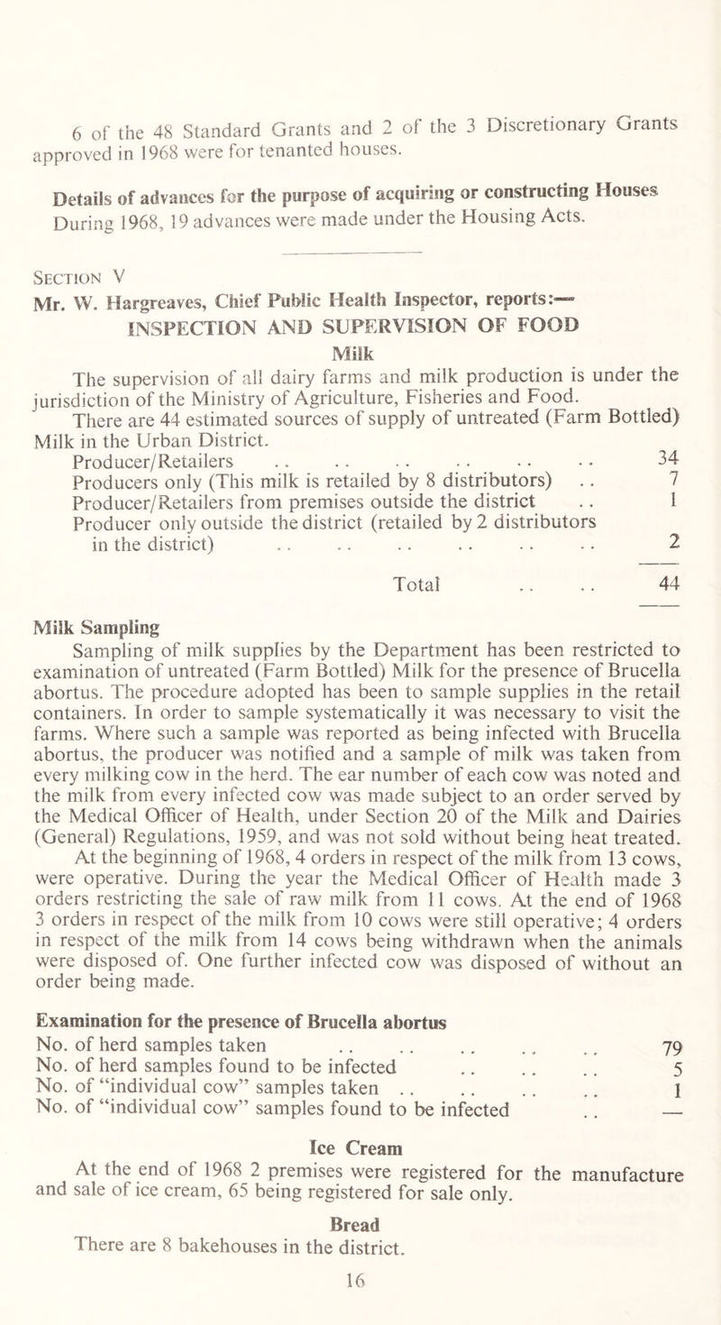 6 of the 48 Standard Grants and 2 of the 3 Discretionary Grants approved in 1968 were for tenanted houses. Details of advances for the purpose of acquiring or constructing Houses During 1968, 19 advances were made under the Housing Acts. Section V Mr. W. Hargreaves, Chief Public Health Inspector, reports:— INSPECTION AND SUPERVISION OF FOOD Milk The supervision of all dairy farms and milk production is under the jurisdiction of the Ministry of Agriculture, Fisheries and Food. There are 44 estimated sources of supply of untreated (Farm Bottled) Milk in the Urban District. Producer/Retailers .. .. .. .. .. • • 34 Producers only (This milk is retailed by 8 distributors) .. 7 Producer/Retailers from premises outside the district .. 1 Producer only outside the district (retailed by 2 distributors in the district) .. .. .. .. .. .. 2 Total .. .. 44 Milk Sampling Sampling of milk supplies by the Department has been restricted to examination of untreated (Farm Bottled) Milk for the presence of Brucella abortus. The procedure adopted has been to sample supplies in the retail containers. In order to sample systematically it was necessary to visit the farms. Where such a sample was reported as being infected with Brucella abortus, the producer was notified and a sample of milk was taken from every milking cow in the herd. The ear number of each cow was noted and the milk from every infected cow was made subject to an order served by the Medical Officer of Health, under Section 20 of the Milk and Dairies (General) Regulations, 1959, and was not sold without being heat treated. At the beginning of 1968, 4 orders in respect of the milk from 13 cows, were operative. During the year the Medical Officer of Health made 3 orders restricting the sale of raw milk from 11 cows. At the end of 1968 3 orders in respect of the milk from 10 cows were still operative; 4 orders in respect of the milk from 14 cows being withdrawn when the animals were disposed of. One further infected cow was disposed of without an order being made. Examination for the presence of Brucella abortus No. of herd samples taken .. .. ., .. _ 79 No. of herd samples found to be infected .. .. .. 5 No. of “individual cow” samples taken .. .. .. .. 1 No. of “individual cow” samples found to be infected .. Ice Cream At the end of 1968 2 premises were registered for the manufacture and sale of ice cream, 65 being registered for sale only. Bread There are 8 bakehouses in the district.