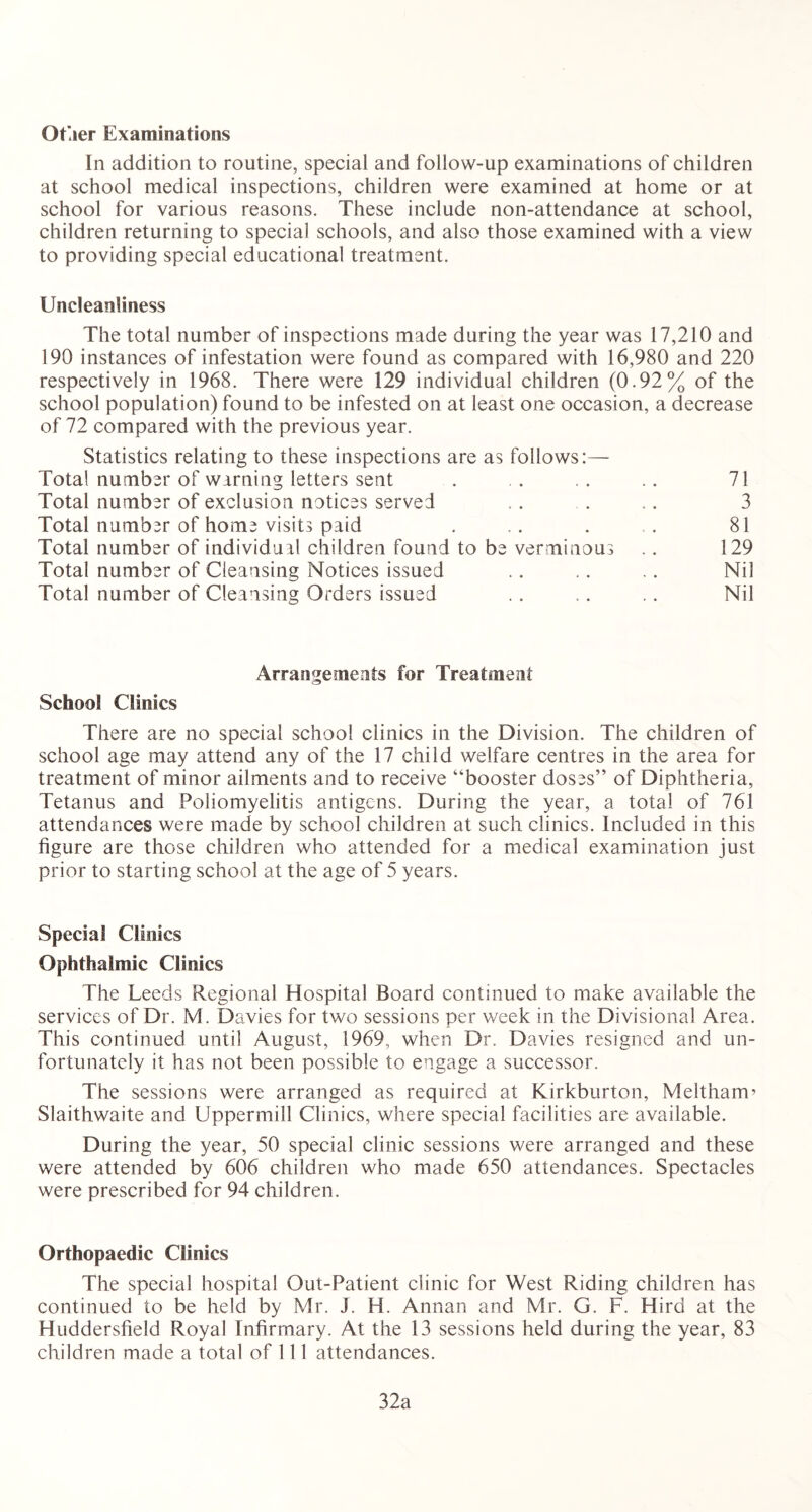 Other Examinations In addition to routine, special and follow-up examinations of children at school medical inspections, children were examined at home or at school for various reasons. These include non-attendance at school, children returning to special schools, and also those examined with a view to providing special educational treatment. Uncleanliness The total number of inspections made during the year was 17,210 and 190 instances of infestation were found as compared with 16,980 and 220 respectively in 1968. There were 129 individual children (0.92% of the school population) found to be infested on at least one occasion, a decrease of 72 compared with the previous year. Statistics relating to these inspections are as follows:— Total number of warning letters sent . .. .. .. 71 Total number of exclusion notices served . . . .. 3 Total number of home visits paid . .. . . 81 Total number of individual children found to be verminous .. 129 Total number of Cleansing Notices issued .. .. . . Nil Total number of Cleansing Orders issued . . . . .. Nil Arrangements for Treatment School Clinics There are no special school clinics in the Division. The children of school age may attend any of the 17 child welfare centres in the area for treatment of minor ailments and to receive “booster doses” of Diphtheria, Tetanus and Poliomyelitis antigens. During the year, a total of 761 attendances were made by school children at such clinics. Included in this figure are those children who attended for a medical examination just prior to starting school at the age of 5 years. Special Clinics Ophthalmic Clinics The Leeds Regional Hospital Board continued to make available the services of Dr. M. Davies for two sessions per week in the Divisional Area. This continued until August, 1969, when Dr. Davies resigned and un- fortunately it has not been possible to engage a successor. The sessions were arranged as required at Kirkburton, Meltham> Slaithwaite and Uppermill Clinics, where special facilities are available. During the year, 50 special clinic sessions were arranged and these were attended by 606 children who made 650 attendances. Spectacles were prescribed for 94 children. Orthopaedic Clinics The special hospital Out-Patient clinic for West Riding children has continued to be held by Mr. J. H. Annan and Mr. G. F. Hird at the Huddersfield Royal Infirmary. At the 13 sessions held during the year, 83 children made a total of 111 attendances. 32a