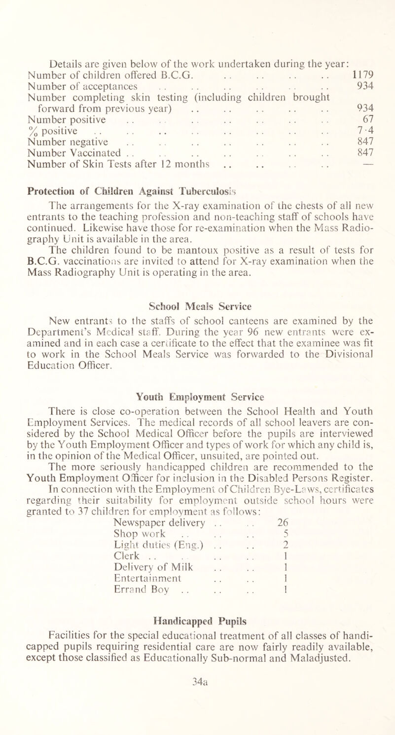 Details are given below of the work undertaken during the year: Number of children offered B.C.G. .. .. .. .. 1179 Number of acceptances . . . . . . . . . . .. 934 Number completing skin testing (including children brought forward from previous year) .. . . . . . . . . 934 Number positive . . . . .. . . . . . . . . 67 % positive .. . . .. . . . . . . .. . . 7-4 Number negative . . . . . . .. . . . . . . 847 Number Vaccinated . . . . .. . . . . . . . . 847 Number of Skin Tests after 12 months .. .. .. .. — Protection of Children Against Tuberculosis The arrangements for the X-ray examination of the chests of all new entrants to the teaching profession and non-teaching staff of schools have continued. Likewise have those for re-examination when the Mass Radio- graphy Unit is available in the area. The children found to be mantoux positive as a result of tests for B.C.G. vaccinations are invited to attend for X-ray examination when the Mass Radiography Unit is operating in the area. School Meals Service New entrants to the staffs of school canteens are examined by the Department’s Medical staff. During the year 96 new entrants were ex- amined and in each case a certificate to the effect that the examinee was fit to work in the School Meals Service was forwarded to the Divisional Education Officer. Youth Employment Service There is close co-operation between the School Health and Youth Employment Services. The medical records of all school leavers are con- sidered by the School Medical Officer before the pupils are interviewed by the Youth Employment Officer and types of work for which any child is, in the opinion of the Medical Officer, unsuited, are pointed out. The more seriously handicapped children are recommended to the Youth Employment Officer for inclusion in the Disabled Persons Register. In connection with the Employment of Children Bye-Laws, certificates regarding their suitability for employment outside school hours were granted to 37 children for employment as follows: Newspaper delivery . . . . 26 Shop work . . . . . . 5 Light duties (Eng.) . . . . 2 Clerk . . . . . . . . 1 Delivery of Milk . . . . 1 Entertainment .. . . 1 Errand Boy . . . . . . ! Handicapped Pupils Facilities for the special educational treatment of all classes of handi- capped pupils requiring residential care are now fairly readily available, except those classified as Educationally Sub-normal and Maladjusted. 34a