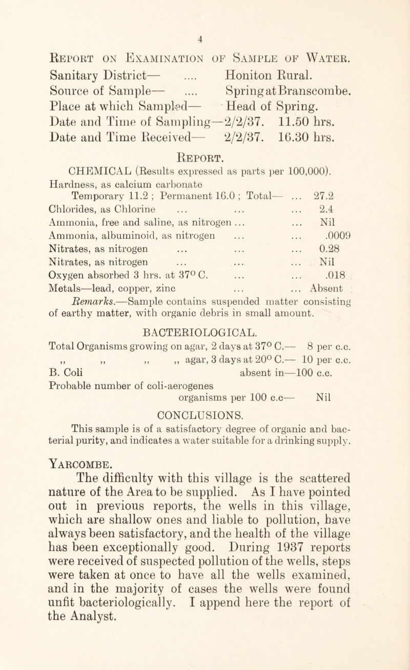 Report on Examination of Sample of Water. Sanitary District— .... Honiton Rural. Source of Sample— .... Spring at Branscombe. Place at which Sampled— Head of Spring. Date and Time of Sampling—2/2/37. 11.50 hrs. Date and Time Received— 2/2/37. 1G.30 hrs. Report. CHEMICAL (Results expressed as parts per 100,000) Hardness, as calcium carbonate Temporary 11.2 ; Permanent 16.0 ; Total— Chlorides, as Chlorine Ammonia, free and saline, as nitrogen Ammonia, albuminoid, as nitrogen Nitrates, as nitrogen Nitrates, as nitrogen Oxygen absorbed 3 hrs. at 37° C. Metals—lead, copx^er, zinc Beviarks.—Sample contains suspended mattei 27.2 2.4 Nil .0009 0.28 Nil .018 Absent consisting of earthy matter, with organic debris in small amount. BACTERIOLOGICAL. Total Organisms growing on agar, 2 days at 37° C.— 8 per c.c. ,, ,, ,, ,, agar, 3 days at 20° C.— 10 per c.c. B. Coli absent in—100 c.c. Probable number of coli-aerogenes organisms per 100 c.c— Nil CONCLUSIONS. This sample is of a satisfactory degree of organic and bac- terial purity, and indicates a water suitable for a drinking supply. Yarcombe. The difficulty with this village is the scattered nature of the Area to be supplied. As I have pointed out in previous reports, the wells in this village, which are shallow ones and liable to pollution, have always been satisfactory, and the health of the village has been exceptionally good. During 1937 reports were received of suspected pollution of the wells, steps were taken at once to have all the wells examined, and in the majority of cases the wells were found unfit bacteriologically. I append here the report of the Analyst.