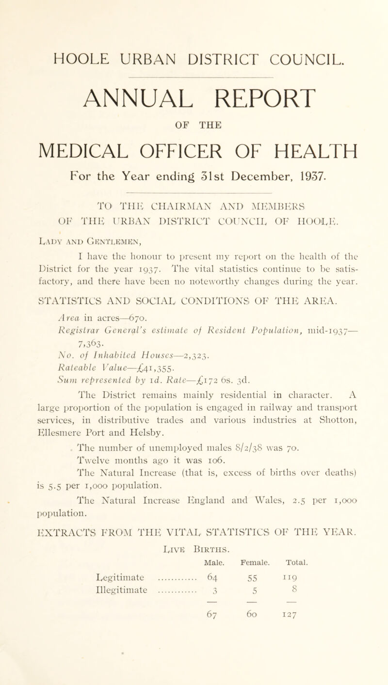 HOOLE URBAN DISTRICT COUNCIL. ANNUAL REPORT OF THE MEDICAL OFFICER OF HEALTH For the Year ending 31st December, 1937. OF TO THE THE URBAN CHAIRMAN DISTRICT AND MEMBERS COUNCIL OF HOOLE. Lady and Gkntlemen, I have the honour to present my report on the health of the District for the year 1937. The vital statistics continue to be satis- factory, and there have been no noteworthy changes during the year. STATISTICS AND SOCIAL CONDITIONS OF THE AREA. Area in acres—670. Registrar General's estimate of Resident Population, mid-1937— 7,363. No. of Inhabited Houses—<2,323. Rateable Value—L4U355- Sum represented by id. Rate-—^172 6s. 3d. The District remains mainly residential in character. A large proportion of the population is engaged in railway and transport services, in distributive trades and various industries at Shotton, Ellesmere Port and Helsby. The number of unemployed males 8/2/38 was 70*. Twelve months ago it was 106. The Natural Increase (that is, excess of births over deaths) is 5.5 per 1,000 population. The Natural Increase England and Wales, 2.5 per 1,000 population. EXTRACTS FROM THE VITAL STATISTICS OF THE YEAR. Live Births. Male. Female. Total. Legitimate 64 55 119 Illegitimate 3 5 8 67 6 O' 127