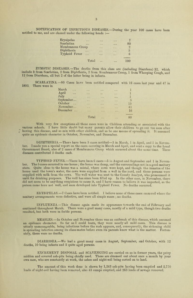 NOTIFICATION OF INFECTIOUS DISEASES.—During the year 100 cases have been notified to me, and are classed under the following heads :— Erysipelas ... ... ... 7 Scarlatina ... ... ... 80 Membranous Croup ... ... 2 Diphtheria ... ... ... 5 Typhoid Fever ... ... ... 6 Total ... ... 100 ZYMOTIC DISEASES.—The deaths from this class are (including Diarrhoea) 22, which include 5 from Scarlatina, 2 from Diphtheria, 2 from Membranous Croup, 1 from Whooping Cough, and 12 from Diarrhoea, all but 2 of the latter being in infants. SCARLATINA—80 Cases have been notified compared with 16 cases last year and 47 in 1893. There were in March 1 April 1 July 1 September... 5 October 15 November... 41 December ... 16 Total ... ... 80 With very few exceptions all these cases were in Children attending or associated with the various schools. I have little doubt but many parents allow their children to go out too soon after having this disease, and so mix with other children, and so be one means of spreading it. It assumed quite an epidemic character in October, November, and December. DIPHTHERIA.—There have been 5 cases notified—3 in March, 1 in April, and 1 in Novem- ber. I made you a special report on the cases occuring in March and April, and sent a copy to the Local Government Board, also of 2 cases of Membranous Croup which occurred about the same time. These diseases contributed 2 deaths each. TYPHOID FEVER.—'There have been 6 cases—5 in August and September and 1 in Novem- ber. The 5 cases occurred in one house; the house was damp, and the surroundings not in a good sanitary state. Quite close to the house was a mistal, where cows were kept, and though the inmates of the house used the town’s water, the cows were supplied from a well in the yard, and these persons were supplied with milk from the cows. The well water was sent to the County Analyst, who pronounced it unfit for drinking purposes. The well has since been filled up. In the other case, in November, there did not seem to be anything suspicious to cause it, and I have reason to believe it was imported, as the person came here not well, and soon developed into Typhoid Fever. No deaths occurred. ERYSIPELAS.—7 Cases have been notified. I believe none of these cases occurred where the sanitary arrangements were defective, and were all simple cases ; no deaths. INFLUENZA.—This disease again made its appearance towards the end of February and continued throughout March. There were a good many cases, mostly of a mild type, though two deaths resulted, but both were in feeble persons. MEASLES.—In October and November there was an outbreak of this disease, which assumed an epidemic character. So far as I could learn, they were nearly all mild cases. This disease is utterly unmanageable, being infectious before the rash appears, and, consequently, the sickening child is spreading infection among its class-mates before even its parents know what is the matter. Fortun- ately, there were no deaths. DIARRHOEA.—We had a great many cases in August, September, and October, with 12 deaths, 10 being infants and 2 quite aged persons. EXCREMENT DISPOSAL and SCAVENGING are carried on as in former years, the privy midden and covered ash-pits being chiefly used. These are cleansed out about once a month by your own men, who are constantly at work, the ashes and night-soil being carted on to land. The amount of this work done is shewn by 1,243 ash-pits having been emptied and 2,770 loads of night-soil having been removed, also 43 sumps emptied, and 263 loads of sewage removed.