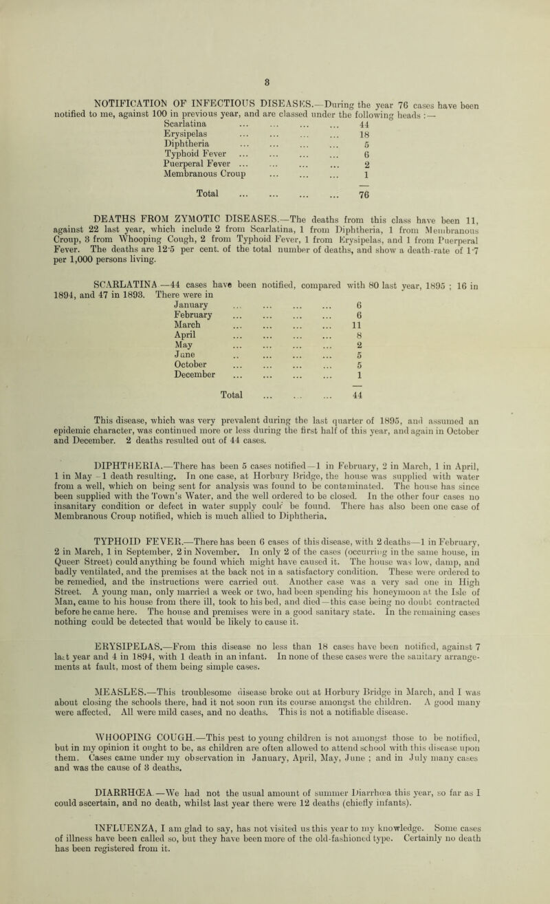 NOTIFICATION OF INFECTIOUS DISEASES.—During the year 76 cases have been notified to me, against 100 in previous year, and are classed under the following heads : — Scarlatina ... ... ... ... 44 Erysipelas ... ... ... ... 18 Diphtheria ... ... ... ... 5 Typhoid Fever ... ... ... ... 6 Puerperal Fever ... ... ... ... 2 Membranous Croup ... ... ... i Total 76 DEATHS FROM ZYMOTIC DISEASES.—The deaths from this class have been 11, against 22 last year, which include 2 from Scarlatina, 1 from Diphtheria, 1 from Membranous Croup, 8 from Whooping Cough, 2 from Typhoid Fever, 1 from Erysipelas, and 1 from Puerperal Fever. The deaths are 12‘5 per cent, of the total number of deaths, and show a death-rate of D7 per 1,000 persons living. SCARLATINA —44 cases have been notified, compared with 80 last year, 1895 ; 16 in 1894, and 47 in 1893. There were in January ... ... ... ... 6 February ... ... ... ... 6 March ... ... ... ... 11 April ... ... ... ... 8 May ... ... ... ... 2 June .. ... ... ... 5 October ... ... ... ... 5 December ... ... ... ... 1 Total ... . . ... 44 This disease, which was very prevalent during the last quarter of 1895, and assumed an epidemic character, was continued more or less during the first half of this year, and again in October and December. 2 deaths resulted out of 44 cases. DIPHTHERIA.—There has been 5 cases notified—1 in February, 2 in March, 1 in April, 1 in May -1 death resulting. In one case, at Horbury Bridge, the house was supplied with water from a well, which on being sent for analysis was found to be contaminated. The house has since been supplied with the Town’s Water, and the well ordered to he closed. In the other four cases no insanitary condition or defect in water supply coulf he found. There has also been one case of Membranous Croup notified, which is much allied to Diphtheria. TYPHOID FEVER.—There has been 6 cases of this disease, with 2 deaths—1 in February, 2 in March, 1 in September, 2 in November. In only 2 of the cases (occurring in the same house, in Queer Street) could anything be found which might have caused it. The house was low, damp, and badly ventilated, and the premises at the back not in a satisfactory condition. These were ordered to be remedied, and the instructions were carried out. Another case was a very sad one in High Street. A young man, only married a week or two, had been spending his honeymoon at the Isle of Man, came to his house from there ill, took to his bed, and died—this case being no doubt contracted before he came here. The house and premises were in a good sanitary state. In the remaining cases nothing could be detected that would be likely to cause it. ERYSIPELAS.—From this disease no less than 18 cases have been notified, against 7 hut year and 4 in 1894, with 1 death in an infant. In none of these cases were the sanitary arrange- ments at fault, most of them being simple cases. MEASLES.—This troublesome disease broke out at Horbury Bridge in March, and I was about closing the schools there, had it not soon run its course amongst the children. A good many were affected. All were mild cases, and no deaths. This is not a notifiable disease. WHOOPING COUGH.—This pest to young children is not amongst those to be notified, but in my opinion it ought to be, as children are often allowed to attend school with this disease upon them. Cases came under my observation in January, April, May, June ; and in July many cases and was the cause of 8 deaths. DIARRHCEA.—We had not the usual amount of summer Diarrhoea this year, so far as I could ascertain, and no death, whilst last year there were 12 deaths (chiefly infants). INFLUENZA, I am glad to say, has not visited us this year to my knowledge. Some cases of illness have been called so, but they have been more of the old-fashioned type. Certainly no death has been registered from it.