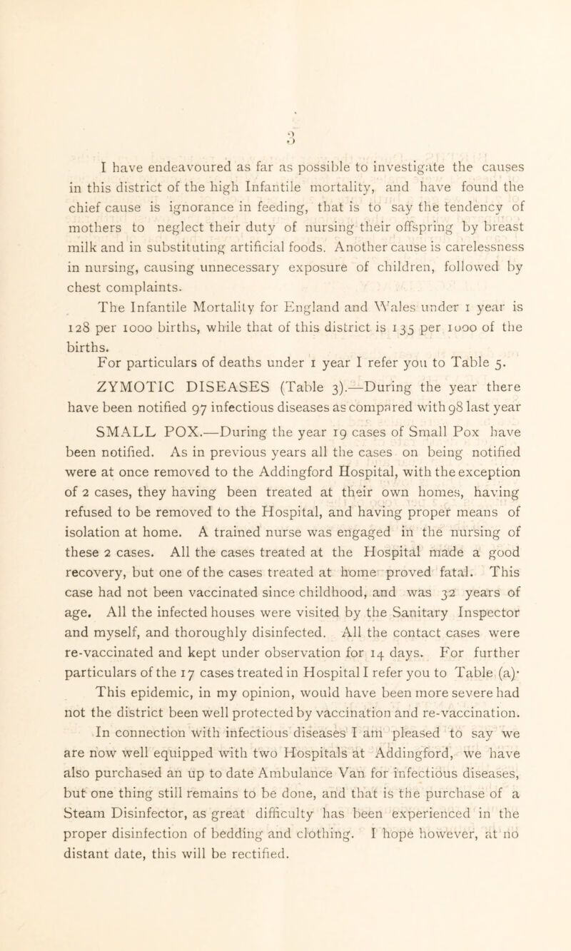 in this district of the high Infantile mortality, and have found the chief cause is ignorance in feeding, that is to say the tendency of 'Tf mothers to neglect their duty of nursing their offspring by breast milk and in substituting artificial foods. Another cause is carelessness in nursing, causing unnecessary exposure of children, followed by chest complaints. The Infantile Mortality for England and Wales under i year is 128 per 1000 births, while that of this district is 135 per 1000 of the births. For particulars of deaths under 1 year I refer you to Table 5. ZYMOTIC DISEASES (Table 3).—During the year there have been notified 97 infectious diseases as compared with 98 last year • O 2 . - • SMALL POX.—During the year 19 cases of Small Pox have been notified. As in previous years all the cases on being notified were at once removed to the Addingford Hospital, with the exception of 2 cases, they having been treated at their own homes, having refused to be removed to the Hospital, and having proper means of isolation at home. A trained nurse was engaged in the nursing of these 2 cases. All the cases treated at the Hospital made a good recovery, but one of the cases treated at home proved fatal. This case had not been vaccinated since childhood, and was 32 years of age. All the infected houses were visited by the Sanitary Inspector and myself, and thoroughly disinfected. All the contact cases were re-vaccinated and kept under observation for 14 days. For further particulars of the 17 cases treated in Hospital I refer you to Table (a); This epidemic, in my opinion, would have been more severe had not the district been well protected by vaccination and re-vaccination. In connection with infectious diseases I am pleased to say we are now well equipped with two Hospitals at Addingford, we have also purchased an up to date Ambulance Van for infectious diseases, but one thing still remains to be done, and that is the purchase of a Steam Disinfector, as great difficulty has been experienced in the proper disinfection of bedding and clothing. I hope however, at no distant date, this will be rectified.