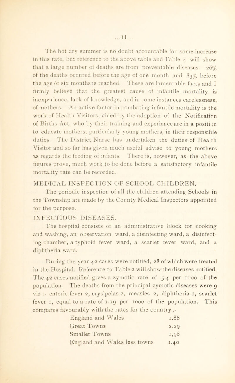 The hot dry summer is no doubt accountable for some increase in this rate, but reference to the above table and Table 4 will show that a large number of deaths are from preventable diseases. 26% of the deaths occured before the age of one month and 83% before the age of six months is reached. These are lamentable facts and I firmly believe that the greatest cause of infantile mortality is inexperience, lack of knowledge, and in some instances carelessness, of mothers. An active factor in combating infantile mortality is the work of Health Visitors, aided by the adoption of the Notification of Births Act, who by their training and experience are in a position to educate mothers, particularly young mothers, in their responsible duties. The District Nurse has undertaken the duties of Health Visitor and so far has given much useful advise to young mothers as regards the feeding of infants. There is, however, as the above figures prove, much work to be done before a satisfactory infantile mortality rate can be recorded. MEDICAL INSPECTION OF SCHOOL CHILDREN. The periodic inspection of all the children attending Schools in the Township are made by the County Medical Inspectors appointed for the purpose. INFECTIOUS DISEASES. The hospital consists of an administrative block for cooking and washing, an observation ward, a disinfecting ward, a disinfect- ing chamber, a typhoid fever ward, a scarlet fever ward, and a diphtheria ward. During the year 42 cases were notified, 28 of which were treated in the Hospital. Reference to Table 2 will show the diseases notified. The 42 cases notified gives a zymotic rate of 5.4 per 1000 of the population. The deaths from the principal zymotic diseases were 9 viz enteric fever 2, erysipelas 2, measles 2, diphtheria 2, scarlet fever 1, equal to a rate of 1.19 per 1000 of the population. This compares favourably with the rates for the country England and Wales 1.88 Great Towns 2.29 Smaller Towns 1,98 England and Wrales less towns 1.40