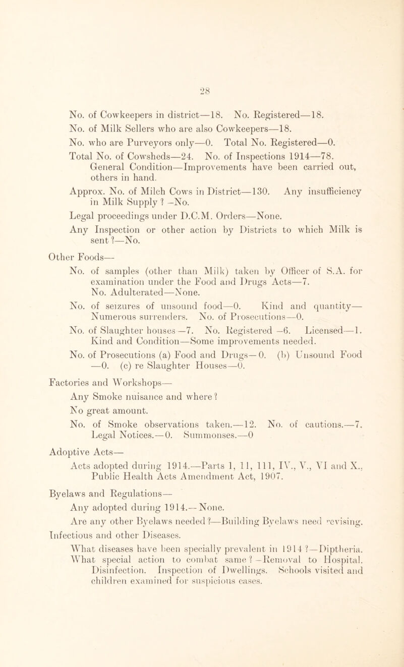 No. of Cowkeepers in district—18. No. Registered—18. No. of Milk Sellers who are also Cowkeepers—18. No. who are Purveyors only—0. Total No. Registered—0. Total No. of Cowsheds—24. No. of Inspections 1914—78. General Condition—Improvements have been carried out, others in hand. Approx. No. of Milch Cows in District—130. Any insufficiency in Milk Supply ? —No. Legal proceedings under D.C.M. Orders—None. Any Inspection or other action by Districts to which Milk is sent 1—No. Other Foods— No. of samples (other than Milk) taken by Officer of S.A. for examination under the Food and Drugs Acts—7. No. Adulterated—None. No. of seizures of unsound food—0. Kind and quantity— Numerous surrenders. No. of Prosecutions—0. No. of Slaughter houses—7. No. Registered—6. Licensed—1. Kind and Condition—Some improvements needed. No. of Prosecutions (a) Food and Drugs—0. (b) Unsound Food —0. (c) re Slaughter Houses—-0. Factories and Workshops— Any Smoke nuisance and where 1 No great amount. No. of Smoke observations taken.—12. No. of cautions.—7. Legal Notices. — 0. Summonses.—0 Adoptive Acts— Acts adopted during 1914.—Parts 1, 11, 111, IV., V., XI and X.. Public Health Acts Amendment Act, 1907. Byelaws and Regulations— Any adopted during 1914.— None. Are any other Byelaws needed1?—Building Byelaws need revising. Infectious and other Diseases. What diseases have been specially prevalent in 1914 ?—Diptheria. What special action to combat same h —Removal to Hospital. Disinfection. Inspection of Dwellings. Schools visited and children examined for suspicious cases.