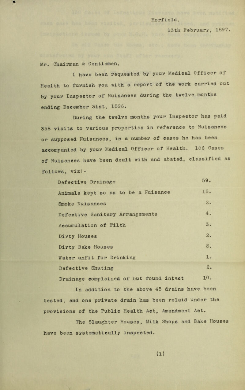 Horfield. 13th February, 1897. Mr. Chairman & Gentlemen, I have been requested by your Medical Officer of Health to furnish you with a report of the work carried out by your Inspector of Nuisances during the twelve months ending December 31st, 1896. During the twelve months your Inspector has paid 358 visits to various properties in reference to Nuisances or supposed Nuisances, in a number of cases he has been accompanied by your Medical Officer of Health. 106 Cases of Nuisances have been dealt with and abated, classified as follows, viz:- Defective Drainage 59• Animals kept so as to be a Nuisance 15. Smoke Nuisances 2. Defective Sanitary Arrangements 4. Accumulation of Filth 3. Dirty Houses 2. Dirty Bake Houses 8. Water unfit for Drinking 1« Defective Shuting 2. Drainage complained of but found intact 10. In addition to the above 45 drains have been tested, and one private drain has been relaid under the provisions of the Public Health Act, Amendment Act. The Slaughter Houses, Milk Shops and Bake Houses have been systematically inspected.