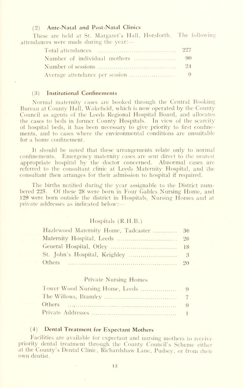 These arc held at St. Margaret’s Hall, Horsforth. I he following attendances were made during the year: Total attendances 227 Number of individual mothers 90 Number of sessions 24 Average attendance per session 9 (3) Institutional Confinements Normal maternity cases are booked through the Central Booking Bureau at County Hall, Wakefield, which is now operated by the County Council as agents of the Leeds Regional Hospital Board, and allocates the cases to beds in former County Hospitals. In view of the scarcity of hospital beds, it has been necessary to give priority to first confine- ments, and to cases where the environmental conditions are unsuitable for a home confinement. It should be noted that these arrangements relate only to normal confinements. Emergency maternity cases are sent direct to the nearest appropriate hospital by the doctor concerned. Abnormal cases are referred to the consultant clinic at Leeds Maternity Hospital, and the consultant then arranges for their admission to hospital if required. The births notified during the year assignable to the District num- bered 225. Of these 28 were born in Four Gables Nursing Home, and 129 were born outside the district in Hospitals, Nursing Homes and at private addresses as indicated below Hospitals (R.H.B.) Hazlewood Maternity Home, Tadcaster 36 Maternity Hospital, Leeds 26 General Hospital, Otley 18 St. John’s Hospital, Keighley 3 Others 20 Private Nursing Homes lower Wood Nursing Home, Leeds 9 The Willows, Bramlev 7 Others 9 Private Addresses 1 (4) Dental Treatment for Expectant Mothers Facilities are available for expectant and nursing mothers to receive priority dental treatment through the County Council’s Scheme either at the County s Dental Clinic, Richardshaw Lane, Pudsey, or from (heir own dentist.