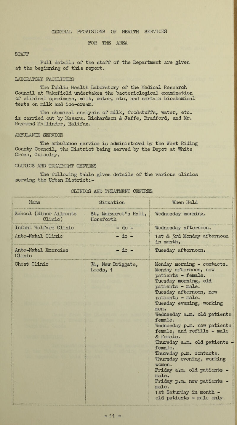 GENERAL PROVISIONS OP HEALTH SERVICES FOR THE ASEk STAFF Full details of the staff of the Department are given at the beginning of this report. LABORATORY FACILITIES The Public Health Laboratory of the Medical Research Council at Wakefield undertakes the bacteriological examination of clinical specimens, milk, water, etc. and certain biochemical tests on milk and ice-cream. The chemical analysis of milk, foodstuffs, water, etc. is carried out by Messrs. Richardson & Jaffe, Bradford, and Mr. Raymond Mallinder, Halifax. AMBULANCE SERVICE The ambulance service is administered by the West Riding County Council, the District being served by the Depot at White Cross, G-uiseley. CLINICS .AID TREAT!',ENT CENTRES The following table gives details of the various clinics serving the Urban District CLINICS AND TREATMENT CENTRES Name Situation When Held School (Minor Ailments Clinic) St. Margaret*s Hall, Horsforth ■Wednesday morning, Infant Welfare Clinic - do - Wednesday afternoon. Ante-Natal Clinic - do - 1 st & 3rd Monday afternoon in month. Ante-Natal Exercise Clinic - do - Tuesday afternoon. Chest Clinic 74, New Briggate, Leeds, 1 Monday morning - contacts. Monday afternoon, new patients - female. Tuesday morning, old patients - male. Tuesday afternoon, new patients - male. Tuesday evening, working men. Wednesday a.m. old patients female. Wednesday p.m. new patients female, and refills - male & female. Thursday a.m. old patients - female. Thursday p.m. contacts. Thursday evening, working women. Friday a.m. old patients - male. Friday p.m, new patients - male. 1 st Saturday in month - old patients - male only. 11