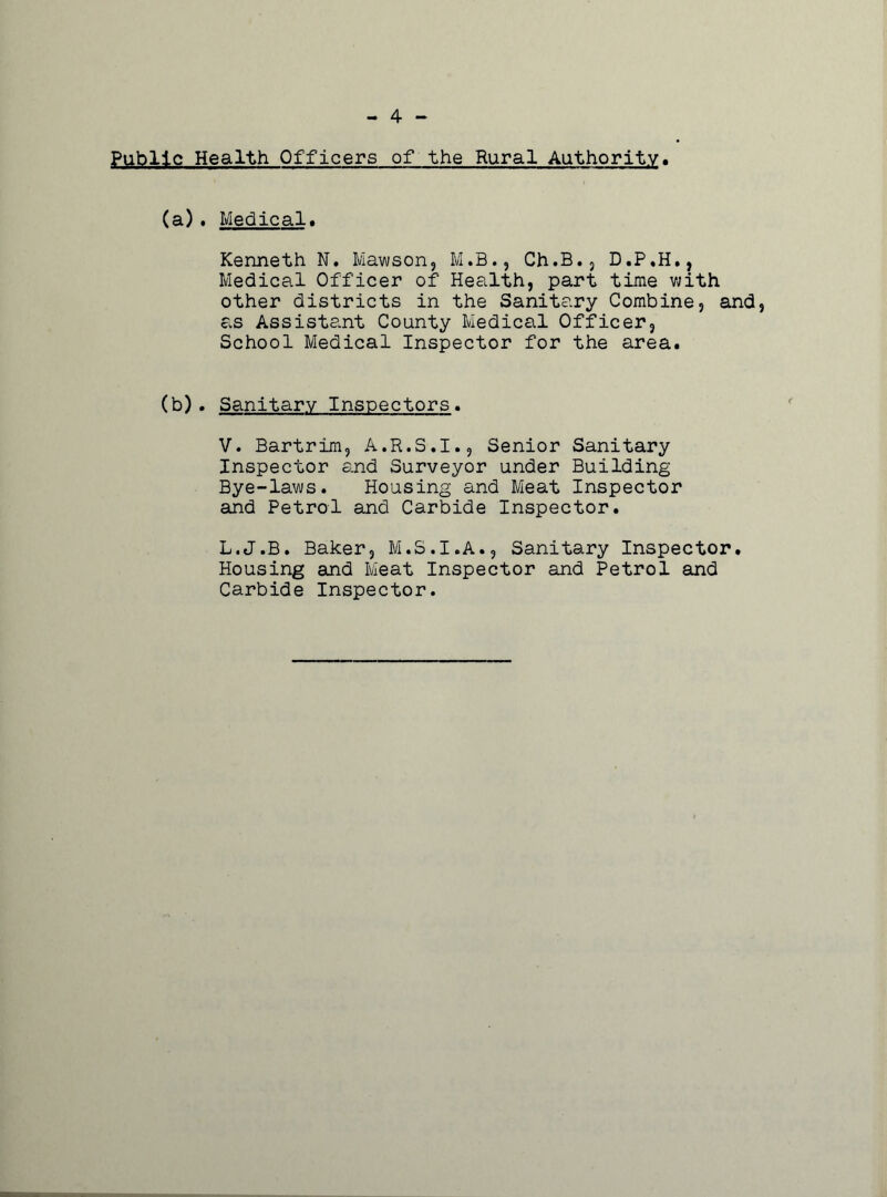 Public Health Officers of the Rural Authority. (a). Medical* Kenneth N. Mawson, M.B., Ch.B., D.P.H., Medical Officer of Health, part time with other districts in the Sanitary Combine, and, as Assistant County Medical Officer, School Medical Inspector for the area. (b). Sanitary Inspectors. V. Bartrim, A.R.S.I., Senior Sanitary Inspector and Surveyor under Building Bye-laws. Housing and Meat Inspector and Petrol and Carbide Inspector. L.J.B. Baker, M.S.I.A., Sanitary Inspector. Housing and Meat Inspector and Petrol and Carbide Inspector.