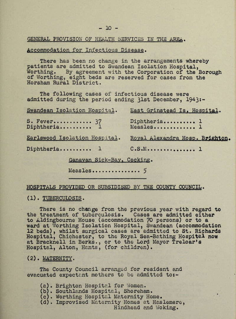 10 GENERAL PROVISION OF HEALTH SERVICES IN THE) ARE*. Accommodation for Infectious Disease. There has been no change in the arrangements whereby patients are admitted to Swandean Isolation Hospital, Worthing, By agreement with the Corporation of the Borough of Worthing, eight beds are reserved for cases from the Horsham Rural District. The following cases of infectious disease were admitted during the period ending 31st December, 194-3:- Swandean Isolation Hospital. S. Fever 37 Diphtheria...-. 1 Earlswood Isolation Hospital. Diphtheria 1 Ganavan Sick-Bay. Measles East Grinstead Is, Hospital. Diphtheria 1 Measles 1 Royal Alexandra Hosp. Brighton, C.S.M 1 Cocking. .... 5 HOSPITALS PROVIDED OR SUBSIDISED BY THE COUNTY COUNCIL. (1) . TUBERCULOSIS. There is no change from the previous year with regard to the treatment of tuberculosis. Cases are admitted either to Aldingbourne House (accommodation 70 persons) or to a ward at Worthing Isolation Hospital, Swandean (accommodation 12 beds), whilst surgical cases are admitted to St. Richards Hospital, Chichester, to the Royal Sea-Bathing Hospital now at Bracknell in Berks., or to the Lord Mayor Treloar’s Hospital, Alton, Hants, (for children). (2) . MATERNITY. The County Council arranged for resident and evacuated expectant mothers to be admitted to:- (a) . Brighton Hospital for Women. (b) . Southlands Hospital, Shoreham. (c) . Worthing Hospital Maternity Home. (d) . Improvised Maternity Homes at Haslemere, Hindhead end Woking.