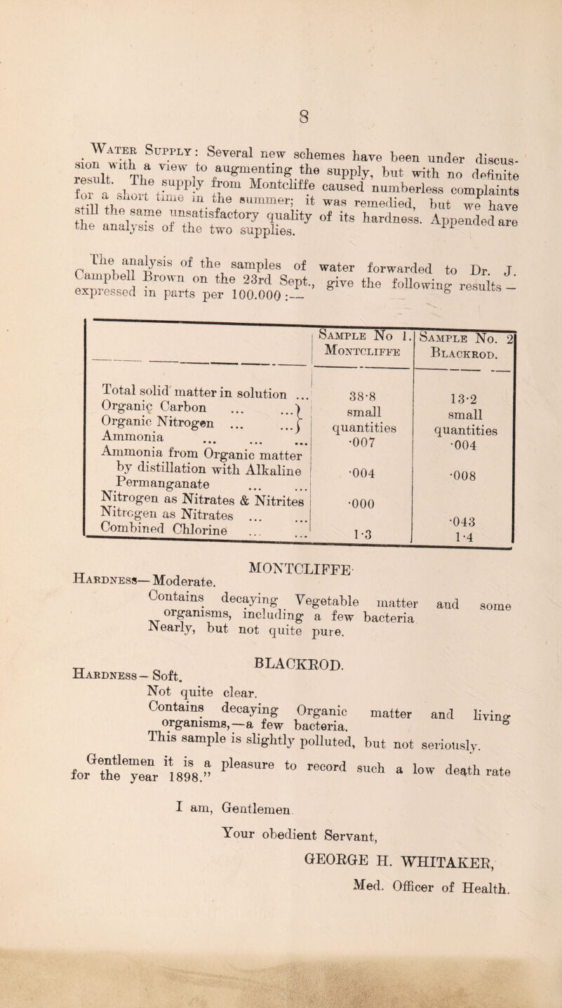 • SuppLY: Sever«l new schemes have been under discus- resulf Tta view t0 augmenting the supply, but with no definite for a shmtetfmeP y fT“ M<’ntcllf^e caused numberless complaints tor a s^oit time m Ae summer; it was remedied, but we have ■ h“d— expressed m parts per 100.000:— g Jesuits T otal solid matter in solution Organic Carbon ... ../> Organic Nitrogen ... ... f Ammonia • • • • • • « * *« Ammonia from Organic matter by distillation with Alkaline Permanganate Nitrogen as Nitrates & Nitrites* Nitrogen as Nitrates Combined Chlorine „ , montcliffe Hardness— Moderate. Contains decaying Vegetable matter organisms, including a few bacteria -Nearly, but not quite pure. Sample No L Sample No. 2 Montcliffe Blackrod. 38-8 13-2 small small quantities quantities •007 •004 •004 •008 •000 •043 1-3 1-4 and some TT o 0 blackrod. Hardness - Soft. Not quite clear. Contains decaying Organic matter and living organisms,—a few bacteria. ° This sample is slightly polluted, but not seriously. for°theeyeanr 1898.” Pl6aSUre ‘° reC°rd SUch a W deatt ™te I am, Gentlemen. Your obedient Servant, GEORGE H. WHITAKER, Med. Officer of Health.