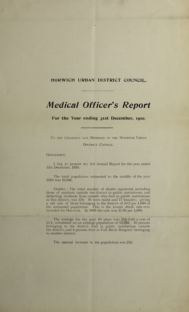 HORWICH URBAN DISTRICT COUNCIL. Medical Officer’s Report For the Year ending 31st December, 1910. To the Chairman and Members of the Horwich Urban District Council. Gentlemen, 1 beg to present my 3rd Annual Report for the year ended 31st December, 1910. The total population estimated to the middle of the year 1910 was 16,646. Deaths.—The total number of deaths registered, including those of residents outside the district in public institutions, and deducting residents from outside who died in public institutions in this district, was 170. 93 were males and 77 females ; giving a net rate of those belonging to the district of 10'2 per 1,000 of the estimated population. This is the lowest death rate ever recorded for Horwich. In 1909 the rate was 1T56 per 1,000. The average for the past 10 years was 213 with a rate of 13'4, calculated on an average population of 15,833. 10 persons belonging to the district died in public institutions outside the district, and 8 persons died in Fall Birch Hospital belonging to another district. The natural increase in the population was 218.