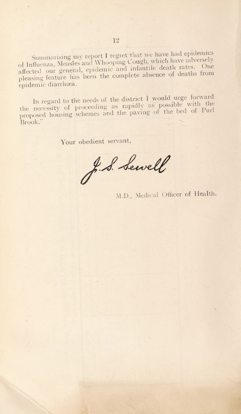 Summarising my report 1 regret that we have had^epidemics of Influenza, Measles and Whoop,ng Luugh which Uavca^errely affected our general, epidemic and infantile death ate. pieasmg feature has been the complete absence of deaths from epidemic diarrhoea. In regard to the needs of the district the necessity of proceeding as rapidly proposed housing schemes and the pavm Brook.’ 1 would urge forward as possible with the cr of the bed of Purl o Your obedient servant, M.D., Medical Officer of Health. V