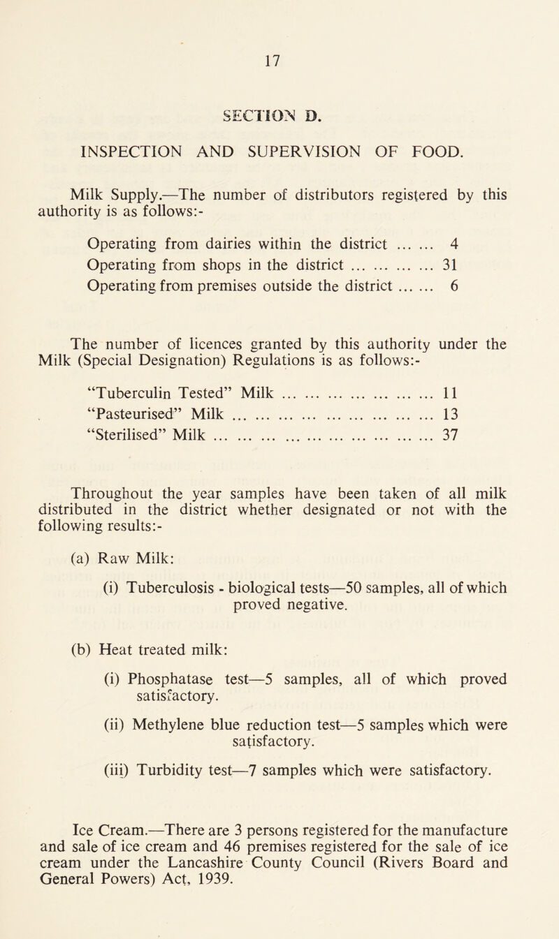 SECTION D. INSPECTION AND SUPERVISION OF FOOD. Milk Supply.—The number of distributors registered by this authority is as follows:- Operating from dairies within the district 4 Operating from shops in the district 31 Operating from premises outside the district 6 The number of licences granted by this authority under the Milk (Special Designation) Regulations is as follows:- “Tuberculin Tested” Milk 11 “Pasteurised” Milk 13 “Sterilised” Milk 37 Throughout the year samples have been taken of all milk distributed in the district whether designated or not with the following results (a) Raw Milk: (i) Tuberculosis - biological tests—50 samples, all of which proved negative. (b) Heat treated milk: (i) Phosphatase test—5 samples, all of which proved satisfactory. (ii) Methylene blue reduction test—5 samples which were satisfactory. (iii) Turbidity test—7 samples which were satisfactory. Ice Cream.—There are 3 persons registered for the manufacture and sale of ice cream and 46 premises registered for the sale of ice cream under the Lancashire County Council (Rivers Board and General Powers) Act, 1939.