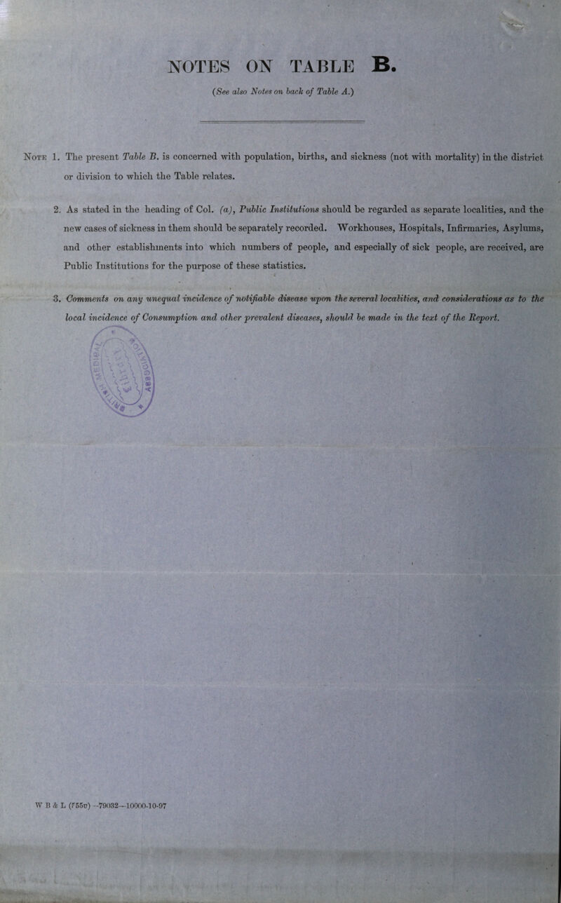 NOTES ON TABLE B. (See also Notes on back of Table A.) Note 1. The present Table B. is concerned with population, births, and sickness (not with mortality) in the district or division to which the Table relates. 2. As stated in the heading of Col. (a), Public Institutions should be regarded as separate localities, and the new cases of sickness in them should be separately recorded. Workhouses, Hospitals, Infirmaries, Asylums, and other establishments into which numbers of people, and especially of sick people, are received, are Public Institutions for the purpose of these statistics. 3. Comments on any unequal incidence of notifiable disease upon the several localities, and considerations as to the local incidence of Consumption and other prevalent diseases, should, be made in the text of the Report. WBAL (F55u) —79032—10000-10-97