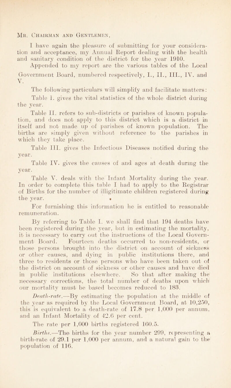 Mr. Chairman and Gentlemen, I have again the pleasure of submitting tor your considera- tion and acceptance, my Annual Report dealing with the health and sanitary condition of the district for the year 1910. Appended to my report are the various tables of the Local Government Board, numbered respectively, I., II., III., IV. and V. The following particulars will simplify and facilitate matters: Table i. gives the vital statistics of the whole district during the year. Table II. refers to sub-districts or parishes of known popula- tion, and does not apply to this district which is a district in itself and not made up of parishes of known population. The births are simply given without reference to the parishes in which they take place. Table III. gives the Infectious Diseases notified during the year. Table IV. gives the causes of and ages at death during the year. Table V. deals with the Infant Mortality during the year. In order to complete this table I had to apply to the Registrar of Births for the number of illigitimate children registered during the year. • For furnishing this information he is entitled to reasonable remuneration. By referring h> Table I. we shall find that 194 deaths have been registered during the year, but in estimating the mortality, it is necessary to carrv out the instructions of the Local Govern- fj ment Board. Fourteen deaths occurred to non-residents, or those persons brought into the district on account of sickness or other causes, arid dying in public institutions there, and three to residents or those persons who1 have been taken out of the district on account of sickness or other causes and have died in public institutions elsewhere. So- that after making the necessary corrections, the total number of deaths upon which our mortality must be based becomes reduced to 183. Death-rate.—By estimating the population at the middle of the year as required by the Local Government Board, at 10,250, this is equivalent to a death-rate of 17.8 per 1,000 per annum, and an Infant Mortality of 42.6 per cent. The rate per 1,000 births registered 160.5. Births.—The births for the year number 299, representing a birth-rate of 29.1 per 1,000 per annum, and a natural gain to the population of 116.