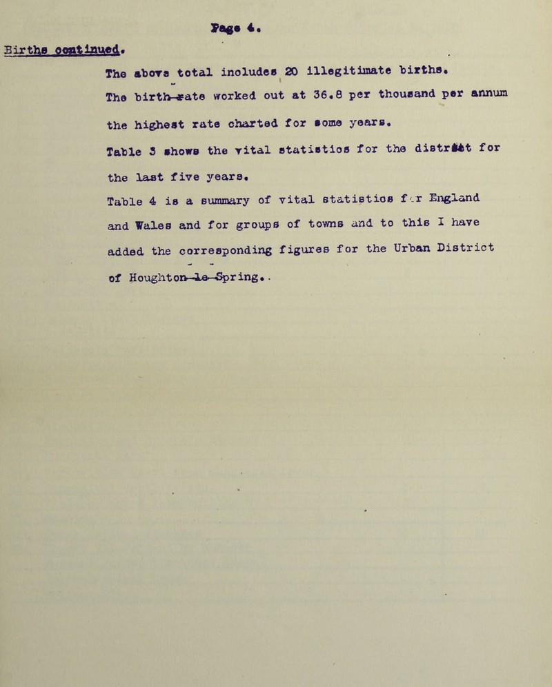 Births pentlnued* The above total includes 20 illegitimate births* The birth~*ate worked out at 36*8 per thousand per annum the highest rate charted for some years* Table 3 shows the vital statistics for the district for the last five years* Table 4 is a summary of vital statistics fir England and Vales and for groups of towns and to this I have added the corresponding figures for the Urban District of Houghton-le—Spring*.