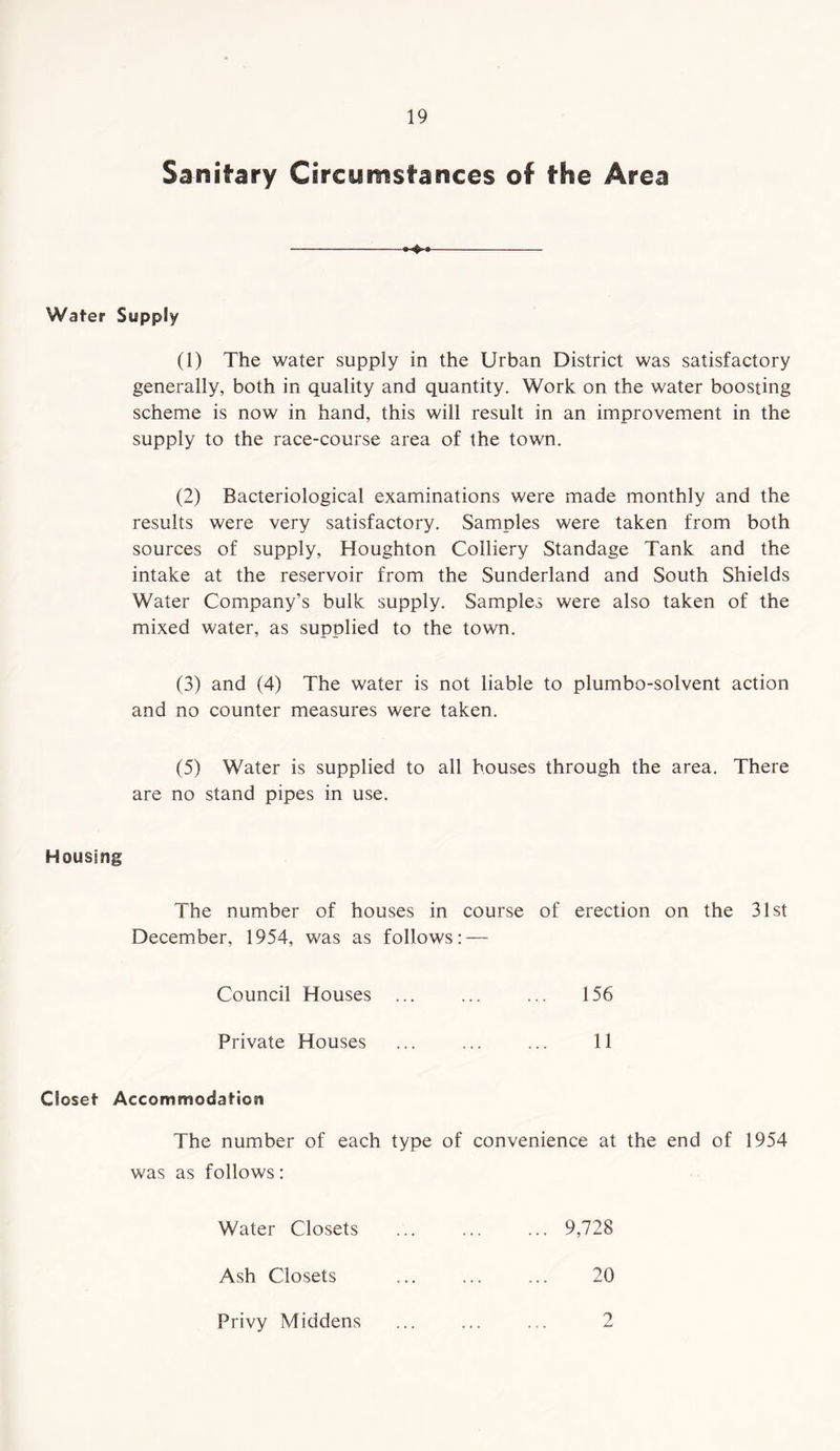Sanitary Circumstances of the Area Water Supply (1) The water supply in the Urban District was satisfactory generally, both in quality and quantity. Work on the water boosting scheme is now in hand, this will result in an improvement in the supply to the race-course area of the town. (2) Bacteriological examinations were made monthly and the results were very satisfactory. Samples were taken from both sources of supply, Houghton Colliery Standage Tank and the intake at the reservoir from the Sunderland and South Shields Water Company’s bulk supply. Samples were also taken of the mixed water, as supplied to the town. (3) and (4) The water is not liable to plurnbo-solvent action and no counter measures were taken. (5) Water is supplied to all bouses through the area. There are no stand pipes in use. Housing The number of houses in course of erection on the 31st December, 1954, was as follows: — Council Houses ... ... ... 156 Private Houses ... ... ... 11 Closet- Accommodation The number of each type of convenience at the end of 1954 was as follows: Water Closets ... ... ... 9,728 Ash Closets ... ... ... 20 Privy Middens ... ... ... 2