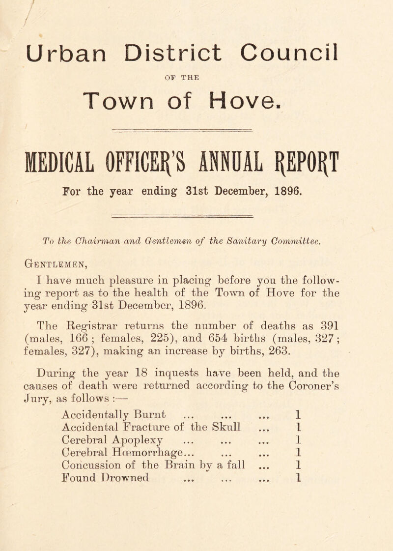 Urban District Council OF THE Town of Hove. MEDICAL OFFICER’S ANNUAL REPORT For the year ending 31st December, 1896. To the Chairman and Gentlemen of the Sanitary Committee. Gentlemen, I have much pleasure in placing* before you the follow- ing- report as to the health of the Town of Hove for the year ending 31st December, 1896. The Registrar returns the number of deaths as 391 (males, 166 ; females, 225), and 654 births (males, 327 ; females, 327), making an increase by births, 263. During the year 18 inquests have been held, and the causes of death were returned according to the Coroner’s Jury, as follows :— Accidentally Burnt ... ... ... 1 Accidental Fracture of the Skull ... I Cerebral Apoplexy ... ... ... 1 Cerebral Hoemorrhage... ... ... 1 Concussion of the Brain by a fall ... 1 Found Drowned ... ... ... 1