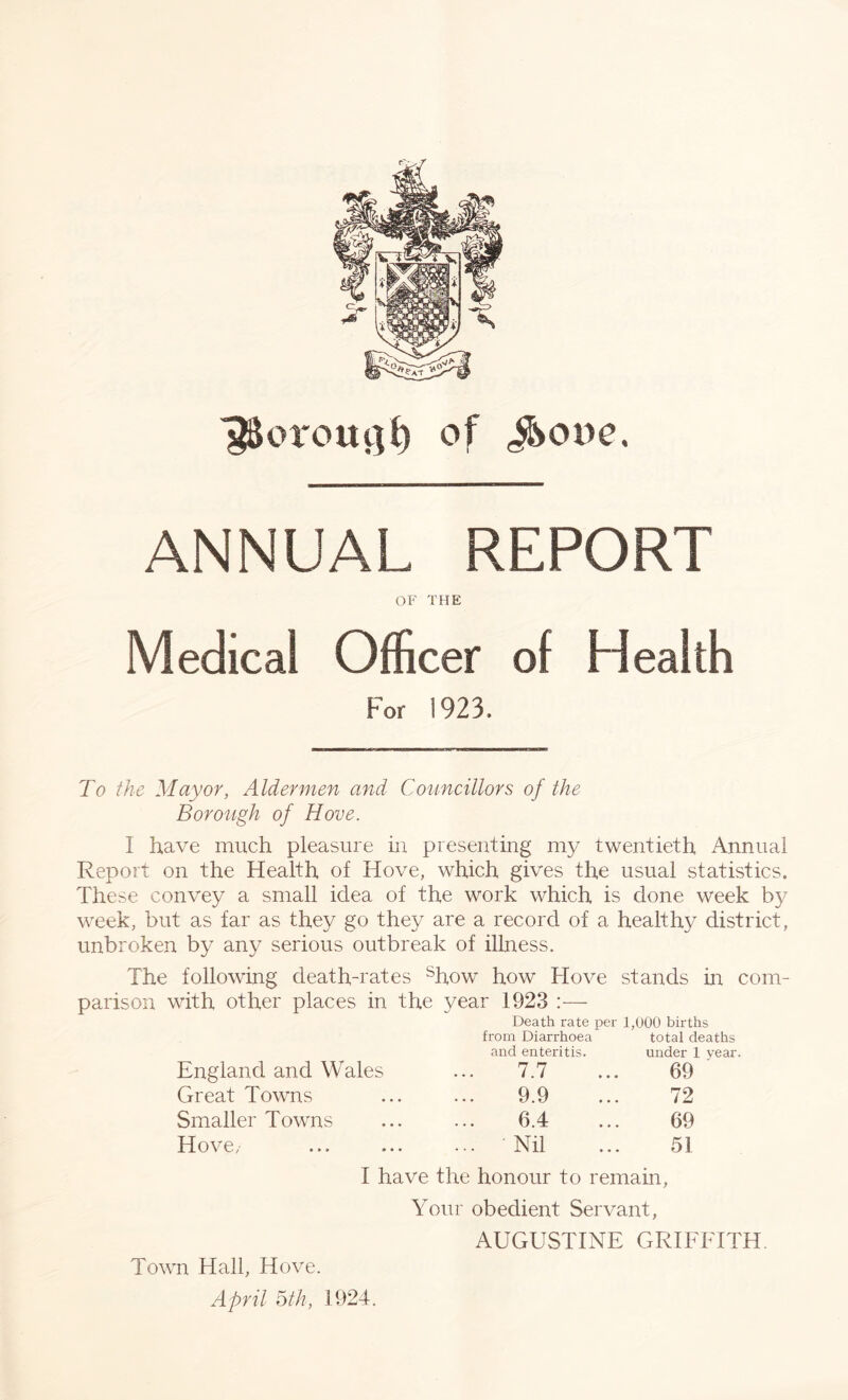 gSoroucjf) of ANNUAL REPORT OF THE Medical Officer of Health For 1923. To the Mayor, Aldermen and Councillors of the Borough of Hove. I have much pleasure in presenting my twentieth Annual Report on the Health of Hove, which gives the usual statistics. These convey a small idea of the work which is done week by week, but as far as they go they are a record of a healthy district, unbroken by any serious outbreak of illness. The following death-rates show how Hove stands in com- parison with other places in the year 1923 :— Death rate per 1,000 births England and Wales from Diarrhoea and enteritis. 7.7 total deaths under 1 year. 69 Great Towns 9.9 72 Smaller Towns 6.4 69 Hove, ... Nil 51 I have the honour to remain, Your obedient Servant, AUGUSTINE GRIFFITH Town Hall, Hove. April 6th, 1924.