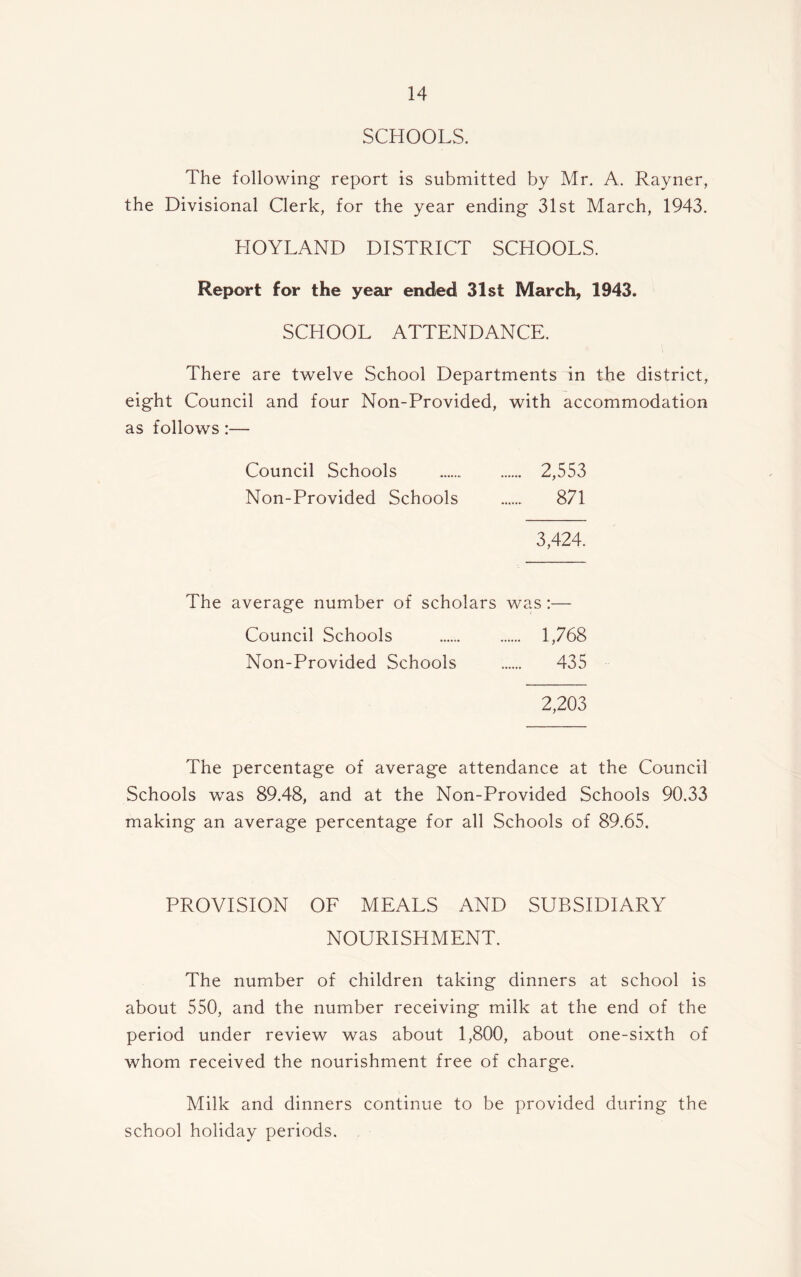 SCHOOLS. The following report is submitted by Mr. A. Rayner, the Divisional Clerk, for the year ending 31st March, 1943. LIOYLAND DISTRICT SCHOOLS. Report for the year ended 31st March, 1943. SCHOOL ATTENDANCE. There are twelve School Departments in the district, eight Council and four Non-Provided, with accommodation as follows:— Council Schools 2,553 Non-Provided Schools 871 3,424. The average number of scholars was:— Council Schools 1,768 Non-Provided Schools 435 2,203 The percentage of average attendance at the Council Schools was 89.48, and at the Non-Provided Schools 90.33 making an average percentage for all Schools of 89.65. PROVISION OF MEALS AND SUBSIDIARY NOURISHMENT. The number of children taking dinners at school is about 550, and the number receiving milk at the end of the period under review was about 1,800, about one-sixth of whom received the nourishment free of charge. Milk and dinners continue to be provided during the school holiday periods.