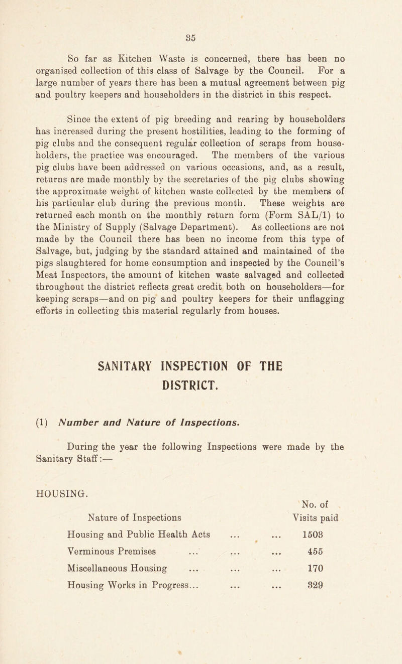 So far as Kitchen Waste is concerned, there has been no organised collection of this class of Salvage by the Council. For a large number of years there has been a mutual agreement between pig and poultry keepers and householders in the district in this respect. Since the extent of pig breeding and rearing by householders has increased during the present hostilities, leading to the forming of pig clubs and the consequent regular collection of scraps from house- holders, the practice was encouraged. The members of the various pig clubs have been addressed on various occasions, and, as a result, returns are made monthly by the secretaries of the pig clubs showing the approximate weight of kitchen waste collected by the members of his particular club during the previous month. These weights are returned each month on the monthly return form (Form SAL/1) to the Ministry of Supply (Salvage Department). As collections are not made by the Council there has been no income from this type of Salvage, but, judging by the standard attained and maintained of the pigs slaughtered for home consumption and inspected by the Council’s Meat Inspectors, the amount of kitchen waste salvaged and collected throughout the district reflects great credit both on householders—for keeping scraps—and on pig and poultry keepers for their unflagging efforts in collecting this material regularly from houses. SANITARY INSPECTION OF THE DISTRICT. (1) Number and Nature of Inspections. During the year the following Inspections were made by the Sanitary Staff:— HOUSING. No. of Nature of Inspections Visits paid Housing and Public Health Acts 1508 Verminous Premises 455 Miscellaneous Housing 170 Housing Works in Progress... 329