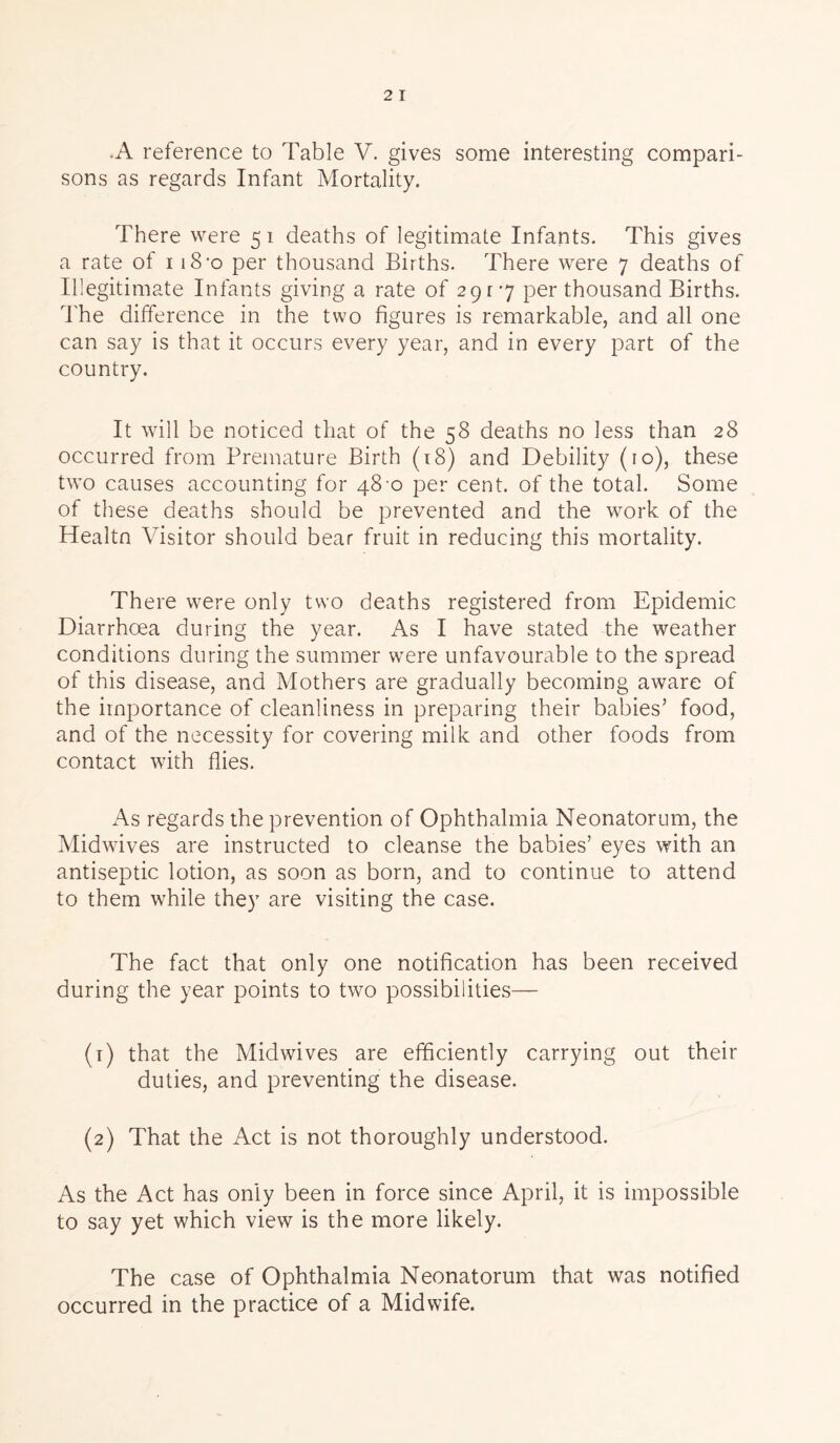 sons as regards Infant Mortality. There were 51 deaths of legitimate Infants. This gives a rate of 1 i8'o per thousand Births. There were 7 deaths of Illegitimate Infants giving a rate of 29^7 per thousand Births. The difference in the two figures is remarkable, and all one can say is that it occurs every year, and in every part of the country. It will be noticed that of the 58 deaths no less than 28 occurred from Premature Birth (18) and Debility (10), these two causes accounting for 48-0 per cent, of the total. Some of these deaths should be prevented and the work of the Healtn Visitor should bear fruit in reducing this mortality. There were only two deaths registered from Epidemic Diarrhoea during the year. As I have stated the weather conditions during the summer were unfavourable to the spread of this disease, and Mothers are gradually becoming aware of the importance of cleanliness in preparing their babies’ food, and of the necessity for covering milk and other foods from contact with flies. As regards the prevention of Ophthalmia Neonatorum, the Midwives are instructed to cleanse the babies’ eyes with an antiseptic lotion, as soon as born, and to continue to attend to them while they are visiting the case. The fact that only one notification has been received during the year points to two possibilities— (1) that the Midwives are efficiently carrying out their duties, and preventing the disease. (2) That the Act is not thoroughly understood. As the Act has only been in force since April, it is impossible to say yet which view is the more likely. The case of Ophthalmia Neonatorum that was notified occurred in the practice of a Midwife.