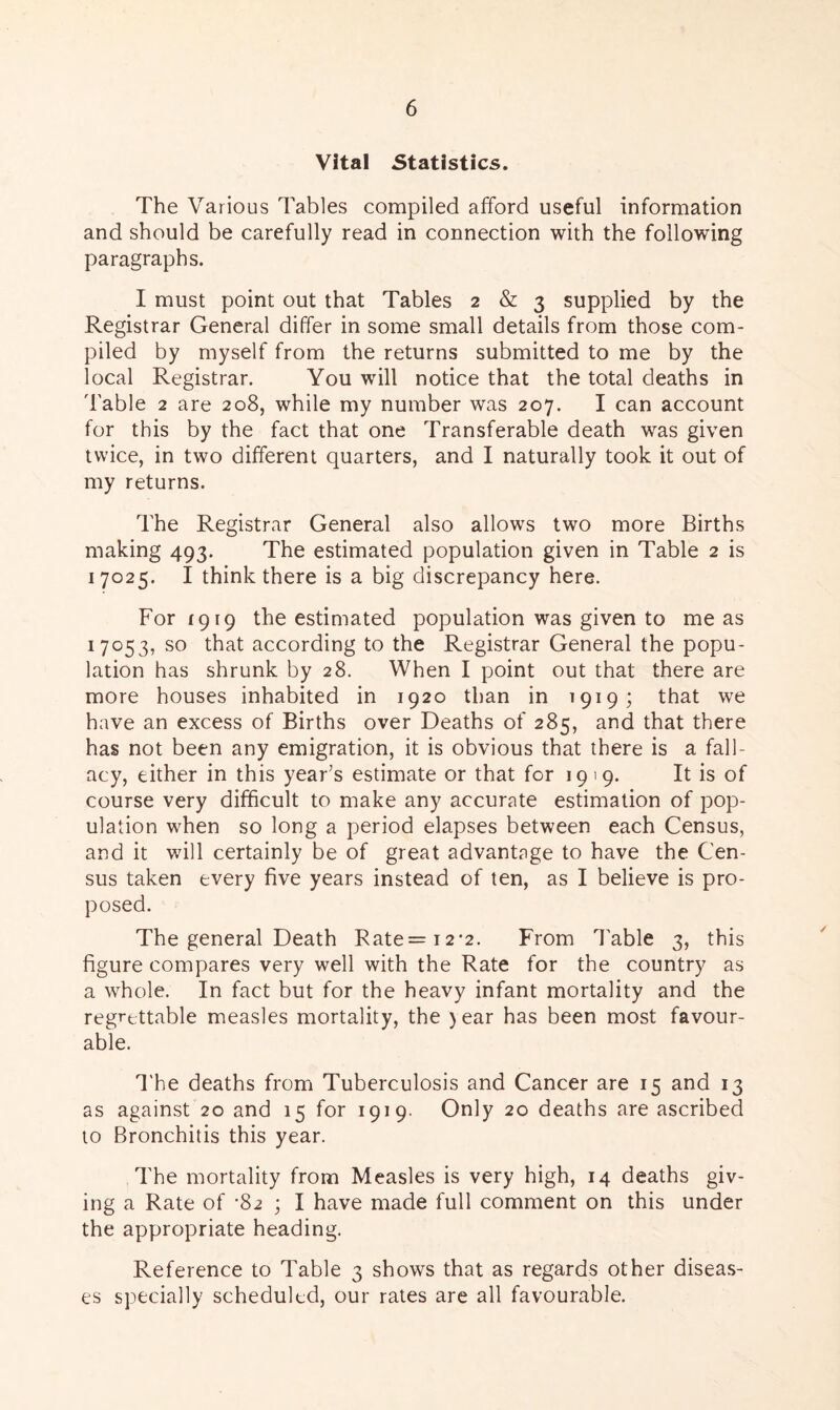 Vital Statistics. The Various Tables compiled afford useful information and should be carefully read in connection with the following paragraphs. I must point out that Tables 2 & 3 supplied by the Registrar General differ in some small details from those com- piled by myself from the returns submitted to me by the local Registrar. You will notice that the total deaths in 'Fable 2 are 208, while my number was 207. I can account for this by the fact that one Transferable death was given twice, in two different quarters, and I naturally took it out of my returns. The Registrar General also allows two more Births making 493. The estimated population given in Table 2 is 17025. I think there is a big discrepancy here. For 1919 the estimated population was given to me as 17053, so that according to the Registrar General the popu- lation has shrunk by 28. When I point out that there are more houses inhabited in 1920 than in 1919; that we have an excess of Births over Deaths of 285, and that there has not been any emigration, it is obvious that there is a fall- acy, either in this year’s estimate or that for 1919. It is of course very difficult to make any accurate estimation of pop- ulation when so long a period elapses between each Census, and it will certainly be of great advantage to have the Cen- sus taken every five years instead of ten, as I believe is pro- posed. The general Death Rate =12*2. From Table 3, this figure compares very well with the Rate for the country as a whole. In fact but for the heavy infant mortality and the regrettable measles mortality, the )ear has been most favour- able. The deaths from Tuberculosis and Cancer are 15 and 13 as against 20 and 15 for 1919- Only 20 deaths are ascribed to Bronchitis this year. The mortality from Measles is very high, 14 deaths giv- ing a Rate of -82 ; I have made full comment on this under the appropriate heading. Reference to Table 3 shows that as regards other diseas- es specially scheduled, our rates are all favourable.