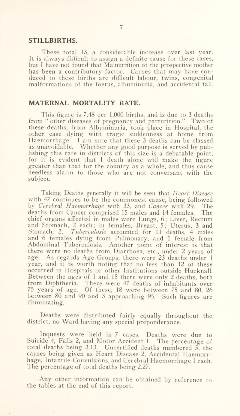 STILLBIRTHS. These total 13, a considerable increase over last year. It is always difficult to assign a definite cause for these cases, but I have not found that Malnutrition of the prospective mother has been a contributory factor. Causes that may have con- duced to these births are difficult labour, twins, congenital malformations of the foetus, albuminuria, and accidental fall. MATERNAL MORTALITY RATE. This figure is 7.48 per 1,000 births, and is due to 3 deaths from “ other diseases of pregnancy and parturition.’’ Two of these deaths, from Albuminuria, took place in Hospital, the other case dying with tragic suddenness at home from Haemorrhage. I am sure that these 3 deaths can be classed as unavoidable. Whether any good purpose is served by pub- lishing this rate in districts of this size is a debatable point, for it is evident that 1 death alone will make the figure greater than that for the country as a whole, and thus cause needless alarm to those who are not conversant with the subject. Taking Deaths generally it will be seen that Heart Disease with 47 continues to be the commonest cause, being followed by Cerebral Haemorrhage with 33, and Cancer with 29. The deaths from Cancer comprised 15 males and 14 females. The chief organs affected in males were Lungs, 6; Liver, Rectum and Stomach, 2 each; in females, Breast, 5; Uterus, 3 and Stomach, 2. Tuberculosis accounted for 11 deaths, 4 males and 6 females dying from Pulmonary, and 1 female from Abdominal Tuberculosis. Another point of interest is that there were no deaths from Diarrhoea, etc., under 2 years of age. As regards Age Groups, there were 23 deaths under 1 year, and it is worth noting that no less than 12 of these occurred in Hospitals or other Institutions outside Hucknall. Between the ages of 1 and 15 there were only 2 deaths, both from Diphtheria. There were 47 deaths of inhabitants over 75 years of age. Of these, 18 were between 75 and 80, 26 between 80 and 90 and 3 approaching 95. Such figures are illuminating. Deaths were distributed fairly equally throughout the district, no Ward having any special preponderance. Inquests were held in 7 cases. Deaths were due to Suicide 4, Falls 2, and Motor Accident 1. The percentage of total deaths being 3.13. Uncertified deaths numbered 5, the causes being given as Heart Disease 2, Accidental Haemorr- hage, Infantile Convulsions, and Cerebral Haemorrhage 1 each. The percentage of total deaths being 2.27. Any other information can be obtained by reference to the tables at the end of this report.