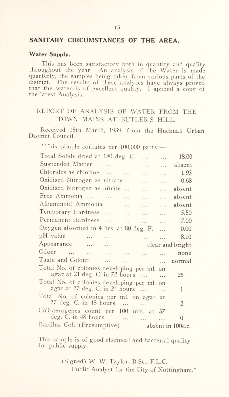 SANITARY CIRCUMSTANCES OF THE AREA, Water Supply. This has been satisfactory both in quantity and quality throughout the year. An analysis of the Water is made quarterly, the samples being taken from various parts of the district. The results of these analyses have always proved that the water is of excellent quality. I append a copy of the latest Analysis. REPORT OF ANALYSIS OF WATER FROM THE TOWN MAINS AT BUTLER’S HILL. Received 15th March, 1939, from the LIucknall Urban District Council. “ This sample contains per 100,000 parts :— Total Solids dried at 180 deg. C. Suspended Matter Chlorides as chlorine Oxidised Nitrogen as nitrate Oxidised Nitrogen as nitrite ... Free Ammonia ... Albuminoid Ammonia 18.00 absent 1.95 0.68 absent absent absent Temporary Hardness ... Permanent Hardness ... Oxygen absorbed in 4 hrs. at pH value Appearance Odour 80 deg 5.50 7.00 F. ... 0.00 8.10 clear and bright none Taste and Colour • • • normal Total No. of colonies developing per ml. on agar at 21 deg. C. in 72 hours ... • • • 25 Total No. of colonies developing per ml. on agar at 37 deg. C. in 24 hours ... • • • 1 Total No. of colonies per ml. on agar at 37 deg. C. in 48 hours • • • 2 Coli-aerogenes count per 100 mis. at 37 deg. C. in 48 hours 0 Bacillus Coli (Presumptive) absent in 100c.c. I his sample is of good chemical and bacterial quality for public supply. (Signed) W. W. Taylor, B.Sc., F.L.C. Public Analyst for the City of Nottingham.”