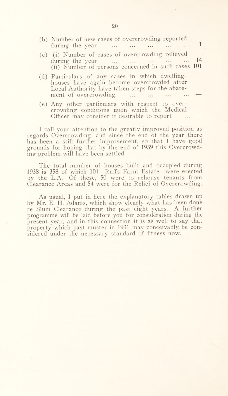 (b) Number of new cases of overcrowding reported during the year ... ... ... ... ••• 1 (c) (i) Number of cases of overcrowding relieved during the year ... ... ... ... ... 14 (ii) Number of persons concerned in such cases 101 (d) Particulars of any cases in which dwelling- houses have again become overcrowded after Local Authority have taken steps for the abate- ment of overcrowding ... ... ... ... — (e) Any other particulars with respect to over- crowding conditions upon which the Medical Officer may consider it desirable to report ... — 1 call your attention to the greatly improved position as regards Overcrowding, and since the end of the year there has been a still further improvement, so that I have good grounds for hoping that by the end of 1939 this Overcrowd- ing problem will have been settled. The total number of houses built and occupied during 1938 is 358 of which 104—Ruffs Farm Estate—were erected by the L.A. Of these, 50 were to rehouse tenants from Clearance Areas and 54 were for the Relief of Overcrowding. As usual, I put in here the explanatory tables drawn up by Mr. E. H. Adams, which show clearly what has been done re Slum Clearance during the past eight years. A further programme will be laid before you for consideration during the present year, and in this connection it is as well to say that property which past muster in 1931 may conceivably be con- sidered under the necessary standard of fitness now.