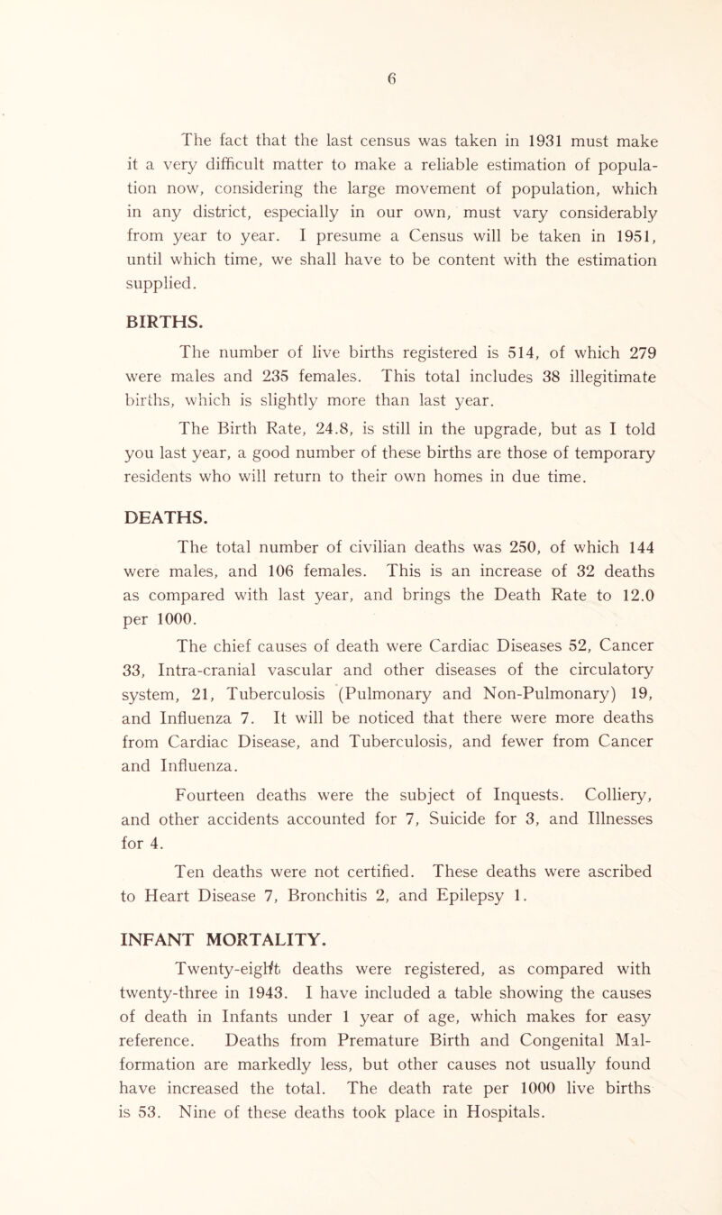 The fact that the last census was taken in 1931 must make it a very difficult matter to make a reliable estimation of popula- tion now, considering the large movement of population, which in any district, especially in our own, must vary considerably from year to year. I presume a Census will be taken in 1951, until which time, we shall have to be content with the estimation supplied. BIRTHS. The number of live births registered is 514, of which 279 were males and 235 females. This total includes 38 illegitimate births, which is slightly more than last year. The Birth Rate, 24.8, is still in the upgrade, but as I told you last year, a good number of these births are those of temporary residents who will return to their own homes in due time. DEATHS. The total number of civilian deaths was 250, of which 144 were males, and 106 females. This is an increase of 32 deaths as compared with last year, and brings the Death Rate to 12.0 per 1000. The chief causes of death were Cardiac Diseases 52, Cancer 33, Intra-cranial vascular and other diseases of the circulatory system, 21, Tuberculosis (Pulmonary and Non-Pulmonary) 19, and Influenza 7. It will be noticed that there were more deaths from Cardiac Disease, and Tuberculosis, and fewer from Cancer and Influenza. Fourteen deaths were the subject of Inquests. Colliery, and other accidents accounted for 7, Suicide for 3, and Illnesses for 4. Ten deaths were not certified. These deaths were ascribed to Heart Disease 7, Bronchitis 2, and Epilepsy 1. INFANT MORTALITY. Twenty-eight deaths were registered, as compared with twenty-three in 1943. I have included a table showing the causes of death in Infants under 1 year of age, which makes for easy reference. Deaths from Premature Birth and Congenital Mal- formation are markedly less, but other causes not usually found have increased the total. The death rate per 1000 live births is 53. Nine of these deaths took place in Hospitals.