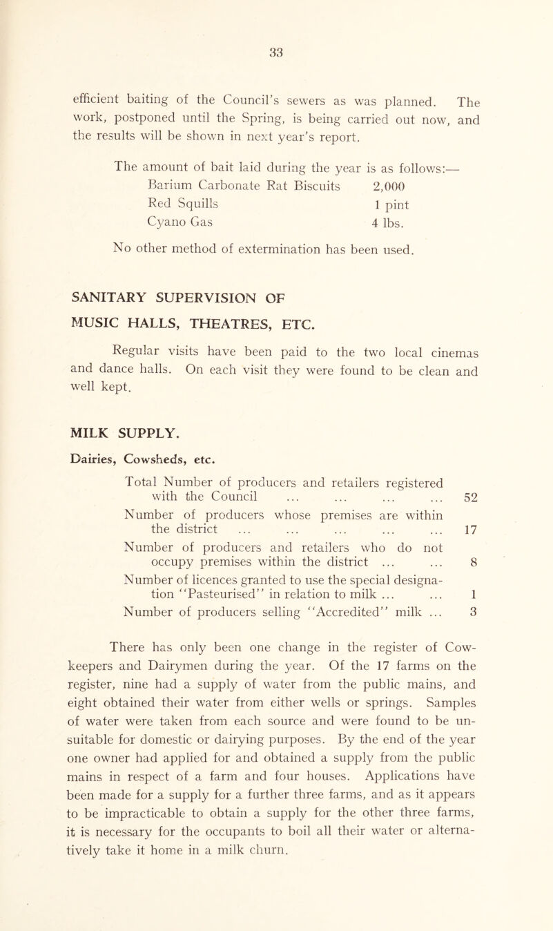 efficient baiting of the Council’s sewers as was planned. The work, postponed until the Spring, is being carried out now, and the results will be shown in next year’s report. The amount of bait laid during the year is as follows:— Barium Carbonate Bat Biscuits 2,000 Red Squills 1 pint Cyano Gas 4 lbs. No other method of extermination has been used. SANITARY SUPERVISION OF MUSIC HALLS, THEATRES, ETC. Regular visits have been paid to the two local cinemas and dance halls. On each visit they were found to be clean and well kept. MILK SUPPLY. Dairies, Cowsheds, etc. Total Number of producers and retailers registered with the Council ... ... ... ... 52 Number of producers whose premises are within the district ... ... ... ... ... 17 Number of producers and retailers who do not occupy premises within the district ... ... 8 Number of licences granted to use the special designa- tion Pasteurised” in relation to milk ... ... 1 Number of producers selling Accredited” milk ... 3 There has only been one change in the register of Cow- keepers and Dairymen during the year. Of the 17 farms on the register, nine had a supply of water from the public mains, and eight obtained their water from either wells or springs. Samples of water were taken from each source and were found to be un- suitable for domestic or dairying purposes. By the end of the year one owner had applied for and obtained a supply from the public mains in respect of a farm and four houses. Applications have been made for a supply for a further three farms, and as it appears to be impracticable to obtain a supply for the other three farms, it is necessary for the occupants to boil all their water or alterna- tively take it home in a milk churn.