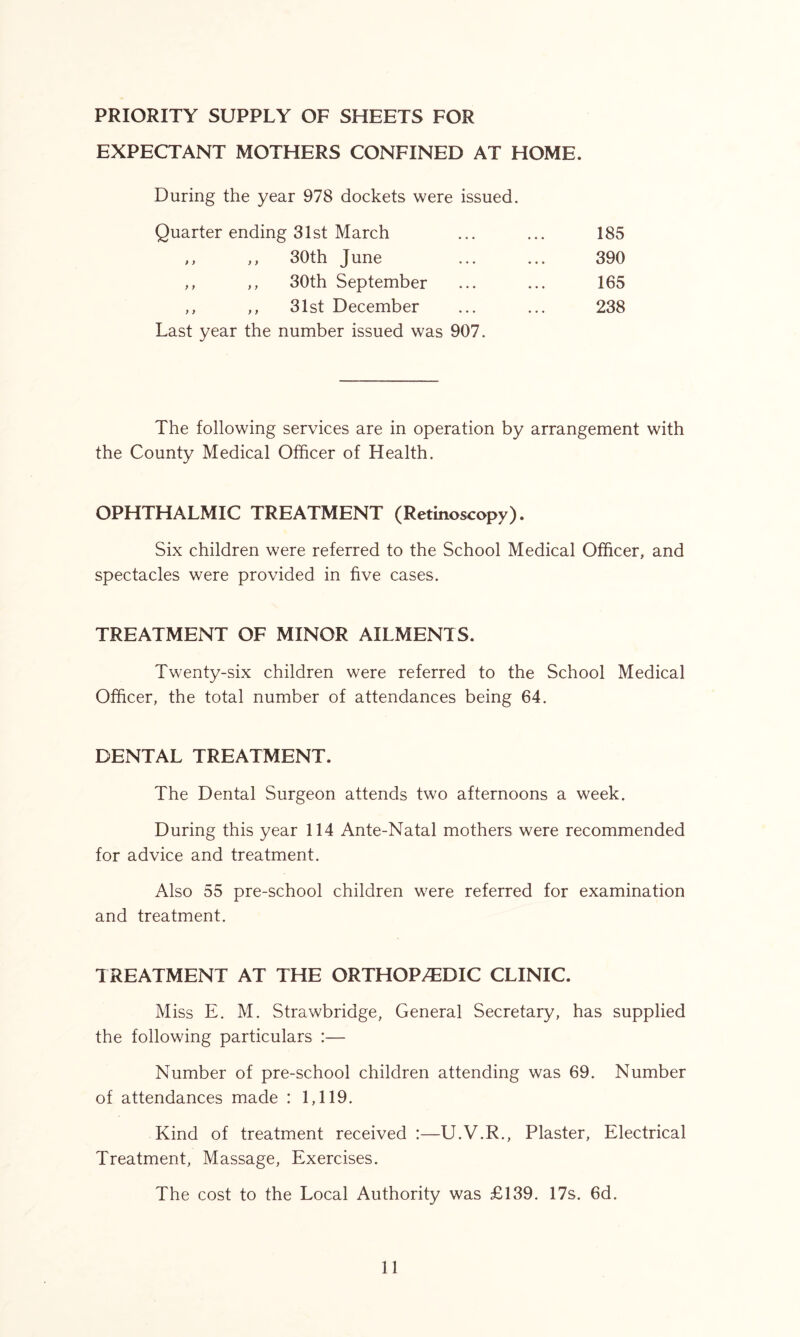 PRIORITY SUPPLY OF SHEETS FOR EXPECTANT MOTHERS CONFINED AT HOME. During the year 978 dockets were issued. Quarter ending 31st March ... ... 185 ,, ,, 30th June ... ... 390 ,, ,, 30th September ... ... 165 ,, ,, 31st December ... ... 238 Last year the number issued was 907. The following services are in operation by arrangement with the County Medical Officer of Health. OPHTHALMIC TREATMENT (Retinoscopy). Six children were referred to the School Medical Officer, and spectacles were provided in five cases. TREATMENT OF MINOR AILMENTS. Twenty-six children were referred to the School Medical Officer, the total number of attendances being 64. DENTAL TREATMENT. The Dental Surgeon attends two afternoons a week. During this year 114 Ante-Natal mothers were recommended for advice and treatment. Also 55 pre-school children were referred for examination and treatment. TREATMENT AT THE ORTHOPEDIC CLINIC. Miss E. M. Strawbridge, General Secretary, has supplied the following particulars :— Number of pre-school children attending was 69. Number of attendances made : 1,119. Kind of treatment received :—U.V.R., Plaster, Electrical Treatment, Massage, Exercises. The cost to the Local Authority was £139. 17s. 6d.