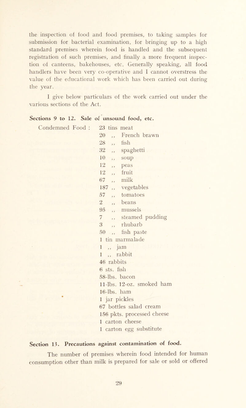 the inspection of food and food premises, to taking samples for submission for bacterial examination, for bringing up to a high standard premises wherein food is handled and the subsequent registration of such premises, and finally a more frequent inspec- tion of canteens, bakehouses, etc. Generally speaking, all food handlers have been very co-operative and I cannot overstress the value of the educational work which has been carried out during the year. I give below particulars of the work carried out under the various sections of the Act. Sections 9 to 12. Sale of unsound food, etc. Condemned Food : 23 tins meat 20 ,, French brawn 28 ,, hsh 32 ,, spaghetti 10 ,, soup 12 ,, peas 12 ,, fruit 67 ,, milk 187 ,, vegetables 57 ,, tomatoes 2 ,, beans 95 ,, mussels 7 ,, steamed pudding 3 ,, rhubarb 50 ,, hsh paste 1 tin marmalade 1 ,, jam 1 ,, rabbit 46 rabbits 6 sts. hsh 58-lbs. bacon 11-lbs. 12-oz. smoked ham 16-lbs. ham 1 jar pickles 67 bottles salad cream 156 pkts. processed cheese 1 carton cheese 1 carton egg substitute Section 13. Precautions against contamination of food. The number of premises wherein food intended for human consumption other than milk is prepared for sale or sold or offered