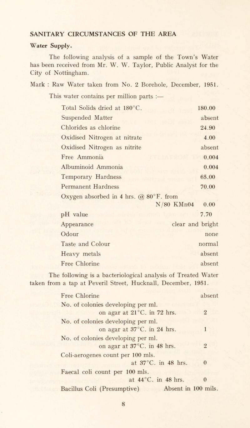 SANITARY CIRCUMSTANCES OF THE AREA Water Supply. The following analysis of a sample of the Town’s Water has been received from Mr. W. W. Taylor, Public Analyst for the City of Nottingham. Mark : Raw Water taken from No. 2 Borehole, December, 1951. This water contains per million parts :— Total Solids dried at 180°C. 180.00 Suspended Matter absent Chlorides as chlorine 24.90 Oxidised Nitrogen at nitrate 4.00 Oxidised Nitrogen as nitrite absent Free Ammonia 0.004 Albuminoid Ammonia 0.004 Temporary Hardness 65.00 Permanent Hardness 70.00 Oxygen absorbed in 4 hrs. @ 80°F. from N/80 KMn04 0.00 pH value 7.70 Appearance clear and bright Odour none Taste and Colour normal Heavy metals absent Free Chlorine absent The following is a bacteriological analysis of Treated Water taken from a tap at Peveril Street, Hucknall, December, 1951. Free Chlorine absent No. of colonies developing per ml. on agar at 21 °C. in 72 hrs. 2 No. of colonies developing per ml. on agar at 37°C. in 24 hrs. 1 No. of colonies developing per ml. on agar at 37°C. in 48 hrs. 2 Coli-aerogenes count per 100 mis. at 37°C. in 48 hrs. 0 Faecal coli count per 100 mis. at 44°C. in 48 hrs. 0 Bacillus Coli (Presumptive) Absent in 100 mils.