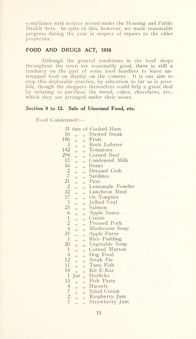 compliance with notices served under the Housing and Public Health Acts. In spite of this, however, we made reasonable progress during the year in respect of repairs to the older properties. FOOD AND DRUGS ACT, 1938 Although the general conditions in the food shops throughout the town are reasonably good, there is still a tendency on the part of some food handlers to leave un- wrapped food on display on the counter. It is our aim to stop this deplorable practice, by education so far as is poss- ible, though the shoppers themselves could help a great deal by refusing to purchase the bread, cakes, chocolates, etc., which they see arranged under their noses. Section 9 to 12. Sale of Unsound Food, etc. Food Condemned:— 31 tins of Cooked Ham 16 yy yy Stewed Steak 186 yy yy Fruit 3 yy yy Rock Lobster 142 yy yy Tomatoes 294 yy yy Corned Beef 15 yy yy Condensed Milk 16 yy yy Beans 2 yy yy Dressed Crab 7 yy yy Sardines 21 yy yy Peas 2 yy yy Lemonade Powder 32 yy yy Luncheon Meat 17 yy yy Ox Tongues 5 yy yy Jellied Veal 25 yy yy Salmon 6 yy yy Apple Sauce 1 yy yy Cream 2 yy yy Pressed Pork 4 yy yy Mushroom Soup 35 yy yy Apple Puree 1 yy yy Rice Pudding 20 yy yy Vegetable Soup 1 yy yy Corned Mutton 4 yy yy Dog Food 12 yy yy Steak Pie 11 yy yy Tuna Fish 14 yy yy Kit-E-Kat 1 Jar yy Horlicks 13 yy yy Fish Paste 4 yy yy Mussels 7 yy yy Salad Cream 2 yy yy Raspberry Jam 1 yy yy Strawberry Jam