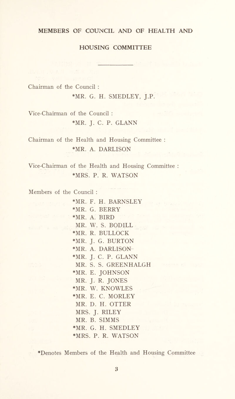MEMBERS OF COUNCIL AND OF HEALTH AND HOUSING COMMITTEE Chairman of the Council : *MR. G. H. SMEDLEY, J.P. Vice-Chairman of the Council : *MR. J. C. P. GLANN Chairman of the Health and Housing Committee : *MR. A. DARLISON Vice-Chairman of the Health and Housing Committee : ♦MRS. P. R. WATSON Members of the Council : *MR. F. H. BARNSLEY *MR. G. BERRY *MR. A. BIRD MR. W. S. BODILL *MR. R. BULLOCK *MR. J. G. BURTON *MR. A. DARLISON *MR. J. C. P. GLANN MR. S. S. GREENHALGH *MR. E. JOHNSON MR. J. R. JONES *MR. W. KNOWLES *MR. E. C. MORLEY MR. D. H. OTTER MRS. J. RILEY MR. B. SIMMS *MR. G. H. SMEDLEY *MRS. P. R. WATSON *Denotes Members of the Health and Housing Committee