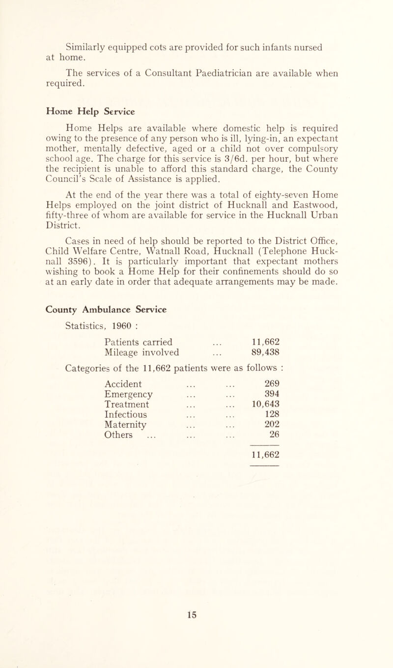 Similarly equipped cots are provided for such infants nursed at home. The services of a Consultant Paediatrician are available when required. Home Help Service Home Helps are available where domestic help is required owing to the presence of any person who is ill, lying-in, an expectant mother, mentally defective, aged or a child not over compulsory school age. The charge for this service is 3/6d. per hour, but where the recipient is unable to afford this standard charge, the County Council’s Scale of Assistance is applied. At the end of the year there was a total of eighty-seven Home Helps employed on the joint district of Hucknall and Eastwood, fifty-three of whom are available for service in the Hucknall Urban District. Cases in need of help should be reported to the District Office, Child Welfare Centre, Watnall Road, Hucknall (Telephone Huck- nall 3596). It is particularly important that expectant mothers wishing to book a Home Help for their confinements should do so at an early date in order that adequate arrangements may be made. County Ambulance Service Statistics, 1960 : Patients carried ... 11,662 Mileage involved ... 89,438 Categories of the 11,662 patients were as follows : Accident ... ... 269 Emergency ... ... 394 Treatment ... ... 10,643 Infectious ... ... 128 Maternity ... ••• 202 Others ... ... ... 26 11,662