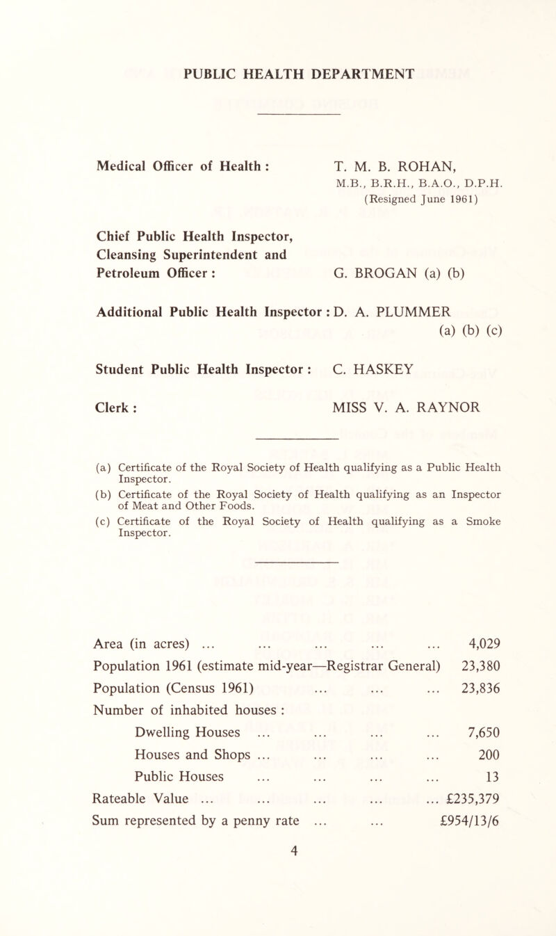 PUBLIC HEALTH DEPARTMENT Medical Officer of Health : T. M. B. ROHAN, M.B., B.R.H., B.A.O., D.P.H. (Resigned June 1961) Chief Public Health Inspector, Cleansing Superintendent and Petroleum Officer : G. BROGAN (a) (b) Additional Public Health Inspector : D. A. PLUMMER (a) (b) (c) Student Public Health Inspector : C. HASKEY Clerk : MISS V. A. RAYNOR (a) Certificate of the Royal Society of Health qualifying as a Public Health Inspector. (b) Certificate of the Royal Society of Health qualifying as an Inspector of Meat and Other Foods. (c) Certificate of the Royal Society of Health qualifying as a Smoke Inspector. Area (in acres) ... • . . 4,029 Population 1961 (estimate mid-year—Registrar General) 23,380 Population (Census 1961) Number of inhabited houses : • • • 23,836 Dwelling Houses . . . 7,650 Houses and Shops ... . . . 200 Public Houses • . . 13 Rateable Value ... • • . £235,379 Sum represented by a penny rate ... £954/13/6