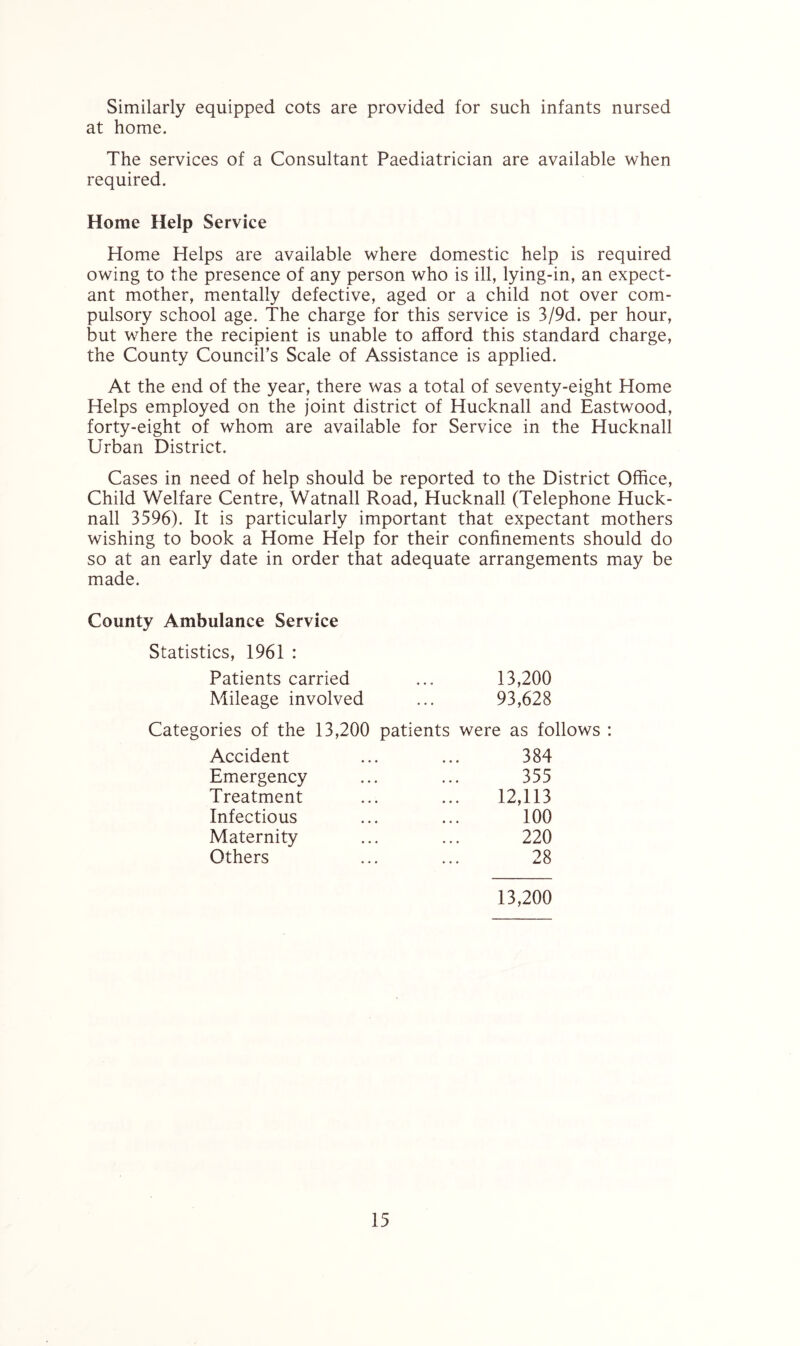 Similarly equipped cots are provided for such infants nursed at home. The services of a Consultant Paediatrician are available when required. Home Help Service Home Helps are available where domestic help is required owing to the presence of any person who is ill, lying-in, an expect- ant mother, mentally defective, aged or a child not over com- pulsory school age. The charge for this service is 3/9d. per hour, but where the recipient is unable to afford this standard charge, the County Council’s Scale of Assistance is applied. At the end of the year, there was a total of seventy-eight Home Helps employed on the joint district of Hucknall and Eastwood, forty-eight of whom are available for Service in the Hucknall Urban District. Cases in need of help should be reported to the District Office, Child Welfare Centre, Watnall Road, Hucknall (Telephone Huck- nall 3596). It is particularly important that expectant mothers wishing to book a Home Help for their confinements should do so at an early date in order that adequate arrangements may be made. County Ambulance Service Statistics, 1961 : Patients carried Mileage involved 13,200 93,628 Categories of the 13,200 patients were as follows : Accident Emergency Treatment Infectious Maternity Others 12,113 100 220 28 384 355 13,200