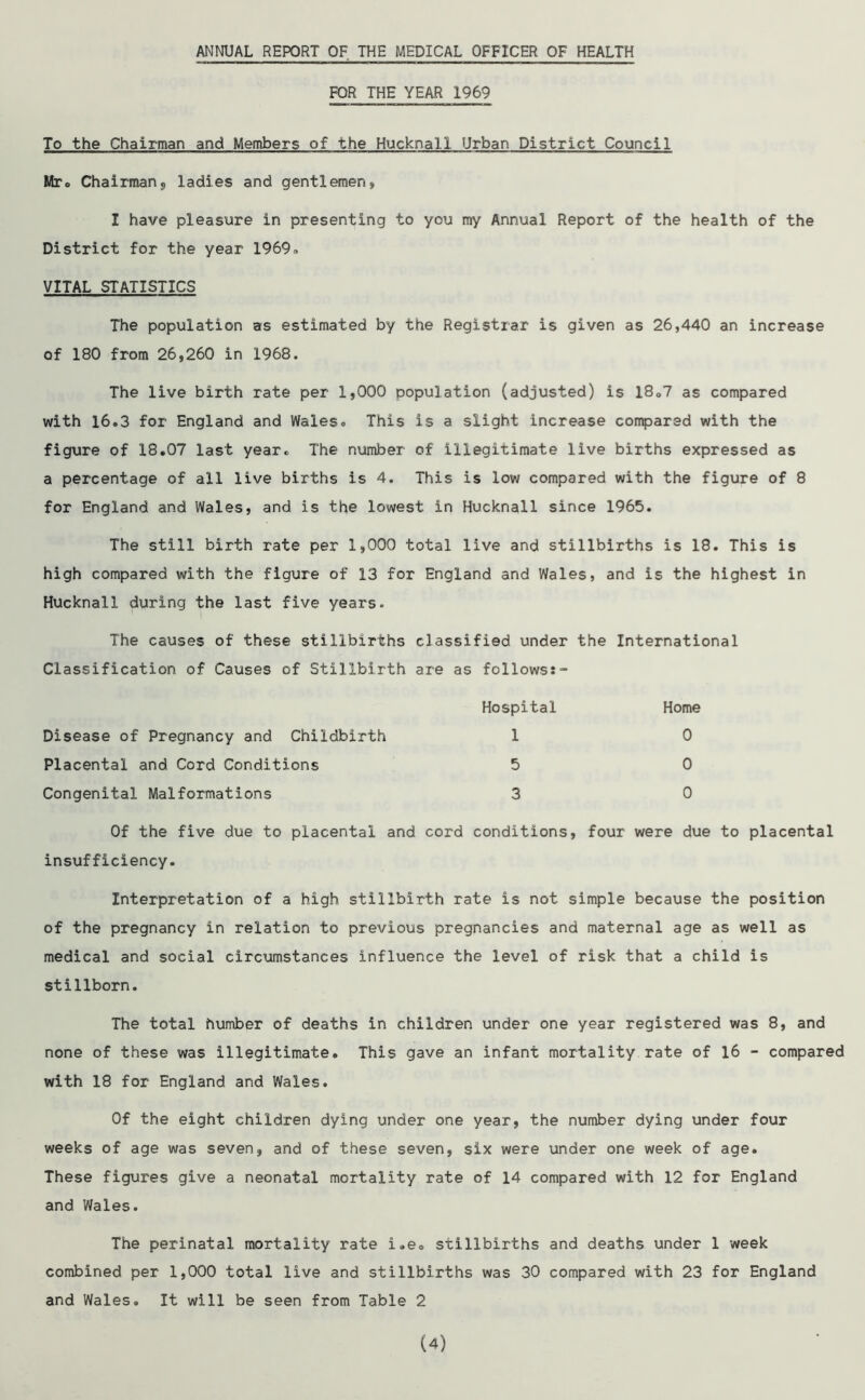 ANNUAL REPORT OF THE MEDICAL OFFICER OF HEALTH FOR THE YEAR 1969 To the Chairman and Members of the Hucknall Urban District Council Mr. Chairmans ladies and gentlemens, I have pleasure in presenting to you my Annual Report of the health of the District for the year 1969. VITAL STATISTICS The population as estimated by the Registrar is given as 26,440 an increase of 180 from 26,260 in 1968. The live birth rate per 1,000 population (adjusted) is 1807 as compared with 16.3 for England and Wales. This is a slight increase compared with the figure of 18.07 last year. The number of illegitimate live births expressed as a percentage of all live births is 4. This is low compared with the figure of 8 for England and Wales, and is the lowest in Hucknall since 1965. The still birth rate per 1,000 total live and stillbirths is 18. This is high compared with the figure of 13 for England and Wales, and is the highest in Hucknall during the last five years- The causes of these stillbirths classified under the International Classification of Causes of Stillbirth are as follows:- Hospital Home Disease of Pregnancy and Childbirth 1 0 Placental and Cord Conditions 5 0 Congenital Malformations 3 0 Of the five due to placental and cord conditions, four were due to placental insufficiency. Interpretation of a high stillbirth rate is not simple because the position of the pregnancy in relation to previous pregnancies and maternal age as well as medical and social circumstances influence the level of risk that a child is stillborn. The total humber of deaths in children under one year registered was 8, and none of these was illegitimate. This gave an infant mortality rate of 16 - compared with 18 for England and Wales. Of the eight children dying under one year, the number dying under four weeks of age was seven, and of these seven, six were under one week of age. These figures give a neonatal mortality rate of 14 compared with 12 for England and Wales. The perinatal mortality rate i.e. stillbirths and deaths under 1 week combined per 1,000 total live and stillbirths was 30 compared with 23 for England and Wales. It will be seen from Table 2