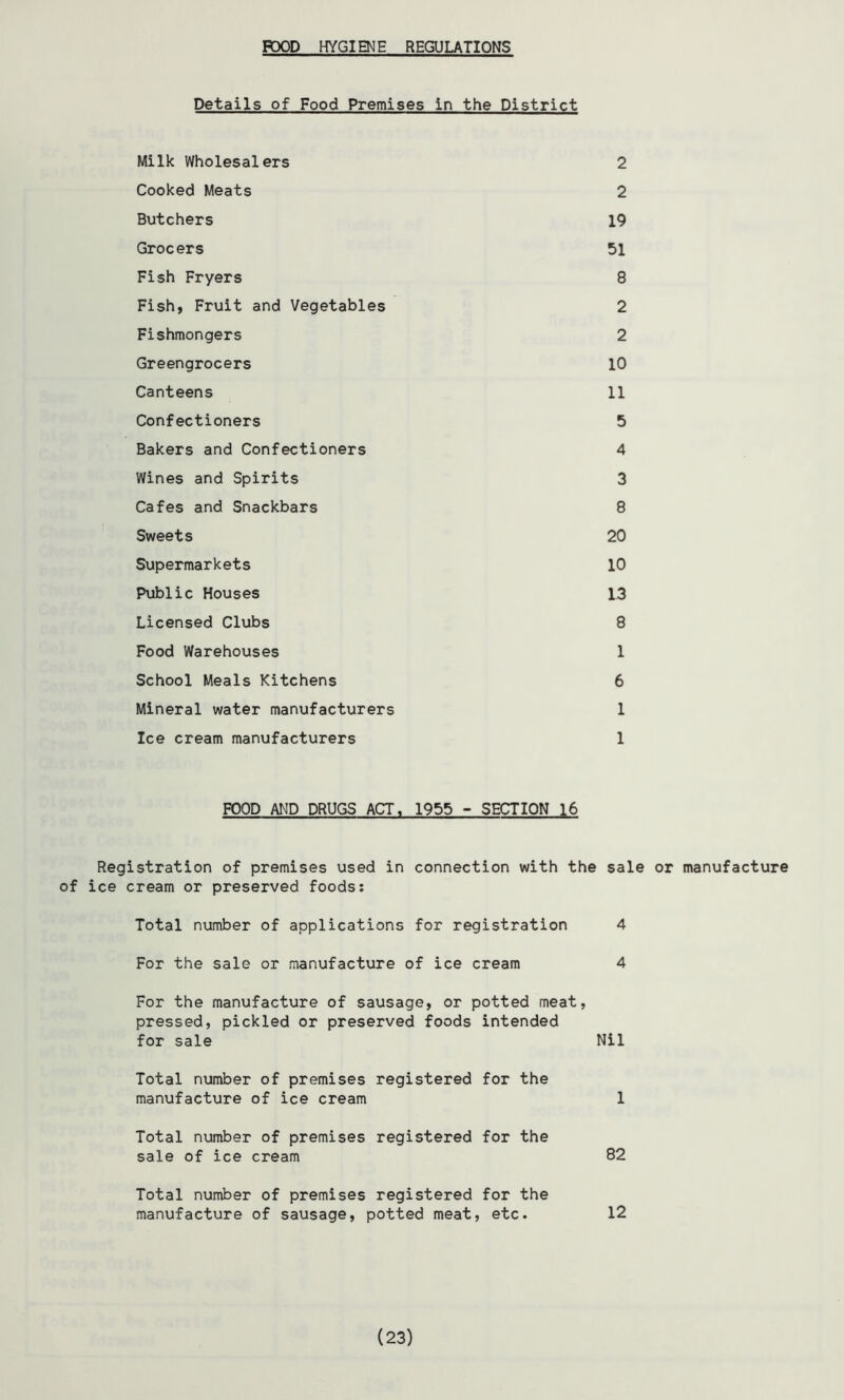 POOD HYGIENE REGULATIONS Details of Food Premises in the District Milk Wholesalers 2 Cooked Meats 2 Butchers 19 Grocers 51 Fish Fryers 8 Fish, Fruit and Vegetables 2 Fishmongers 2 Greengrocers 10 Canteens 11 Confectioners 5 Bakers and Confectioners 4 Wines and Spirits 3 Cafes and Snackbars 8 Sweets 20 Supermarkets 10 Public Houses 13 Licensed Clubs 8 Food Warehouses 1 School Meals Kitchens 6 Mineral water manufacturers 1 Ice cream manufacturers 1 FOOD AND DRUGS ACT, 1955 - SECTION 16 Registration of premises used in connection with the sale or manufacture of ice cream or preserved foods: Total number of applications for registration 4 For the sale or manufacture of ice cream 4 For the manufacture of sausage, or potted meat, pressed, pickled or preserved foods intended for sale Nil Total number of premises registered for the manufacture of ice cream 1 Total number of premises registered for the sale of ice cream 82 Total number of premises registered for the manufacture of sausage, potted meat, etc. 12 (23)