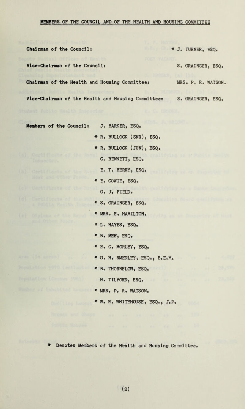 MEMBERS OF THE COUNCIL AND OF THE HEALTH AND HOUSING COMMITTEE Chairman of the Council * Vice-Chairman of the Council! Chairman of the Health and Housing Committee* Vice-Chairman of the Health and Housing Committee* * J. TURNER, ESQ. Sc GRAINGER, ESQ, MRS. P. R. WATSON. S. GRAINGER, ESQ. Members of the Council* J. BARKER, ESQ. * R. BULLOCK (SNR), ESQ. * R. BULLOCK (JUN), ESQ. C. BENNETT, ESQ. E. T. BERRY, ESQ. * E. COWIE, ESQ. G. J. FIELD. * So GRAINGER, ESQ. * MRS. E. HAMILTON. * L. HAYES, ESQ. * B. MEE, ESQ. * E. C. MORLEY, ESQ. * G, H. SMEDLEY, ESQ., B.E.M. * B. THORNELOW, ESQ. H. TILFORD, ESQ. * MRS. P. R. WATSON. * W. E. WHITEHOUSE, ESQ., J.P. * Denotes Members of the Health and Housing Committee. (2)