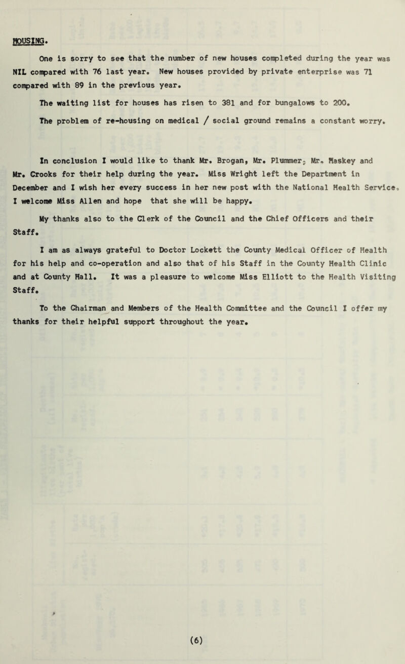 HOUSING One is sorry to see that the number of new houses completed during the year was NIL compared with 76 last year© New houses provided by private enterprise was 71 compared with 89 in the previous year. The waiting list for houses has risen to 381 and for bungalows to 200. The problem of re-housing on medical / social ground remains a constant worry. In conclusion I would like to thank Mr. Brogan, Mr. Plummer; Mr. Haskey and Mr. Crooks for their help during the year. Miss Wright left the Department in December and I wish her every success in her new post with the National Health Service, I welcome Miss Allen and hope that she will be happy. My thanks also to the Clerk of the Council and the Chief Officers and their Staff. I am as always grateful to Doctor Lockett the County Medical Officer of Health for his help and co-operation and also that of his Staff in the County Health Clinic and at County Hall. It was a pleasure to welcome Miss Elliott to the Health Visiting Staff. To the Chairman and Members of the Health Committee and the Council I offer my thanks for their helpful support throughout the year. P (6)