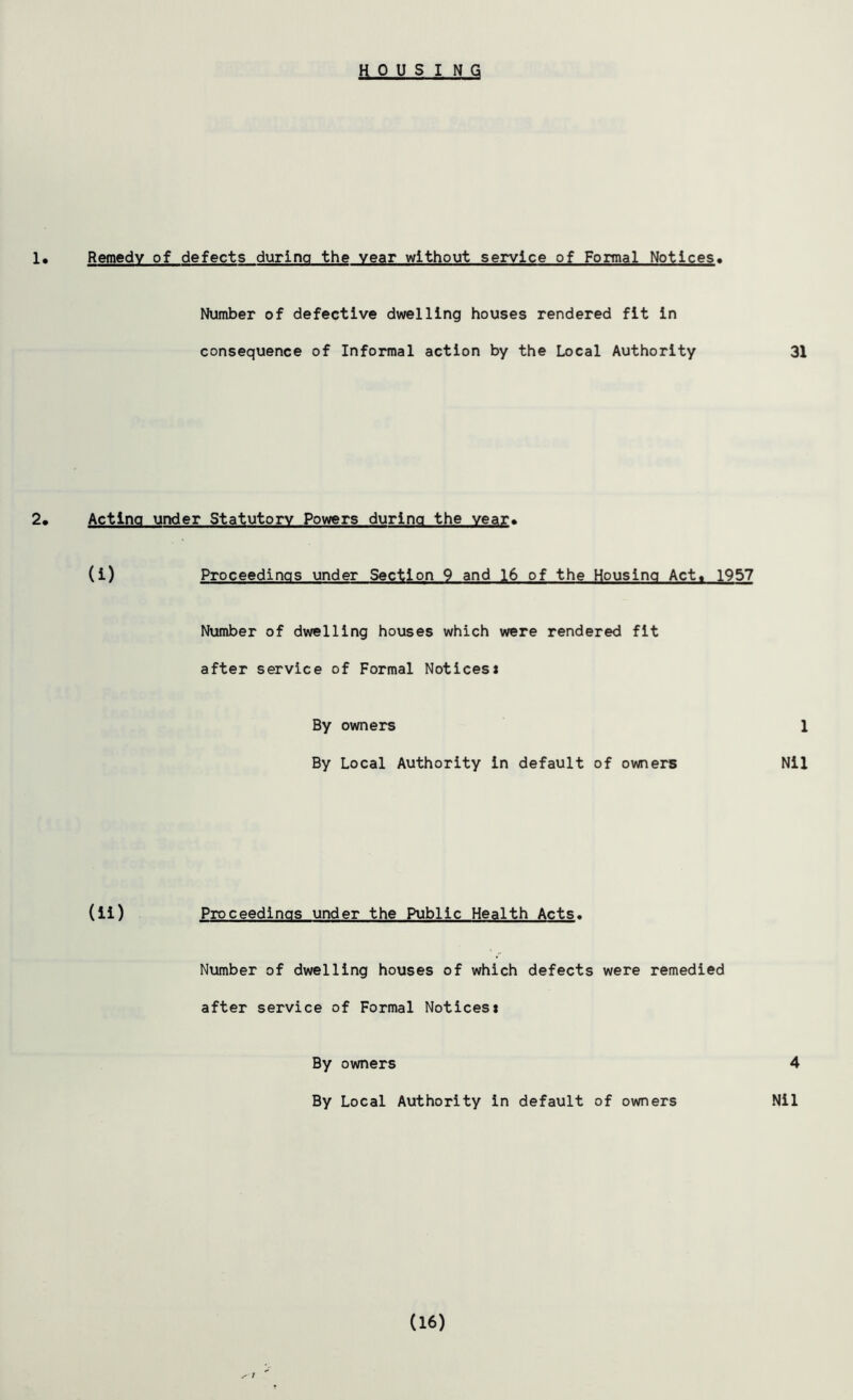 Remedy of defects during the year without service of Formal Notices• Number of defective dwelling houses rendered fit in consequence of Informal action by the Local Authority Acting under Statutory Powers during the year* (i) Proceedings under Section 9 and 16 of the Housing Act, 1957 Number of dwelling houses which were rendered fit after service of Formal Noticesi By owners By Local Authority in default of owners (ii) Proceedings under the Public Health Acts. Number of dwelling houses of which defects were remedied after service of Formal Notices* By owners By Local Authority in default of owners